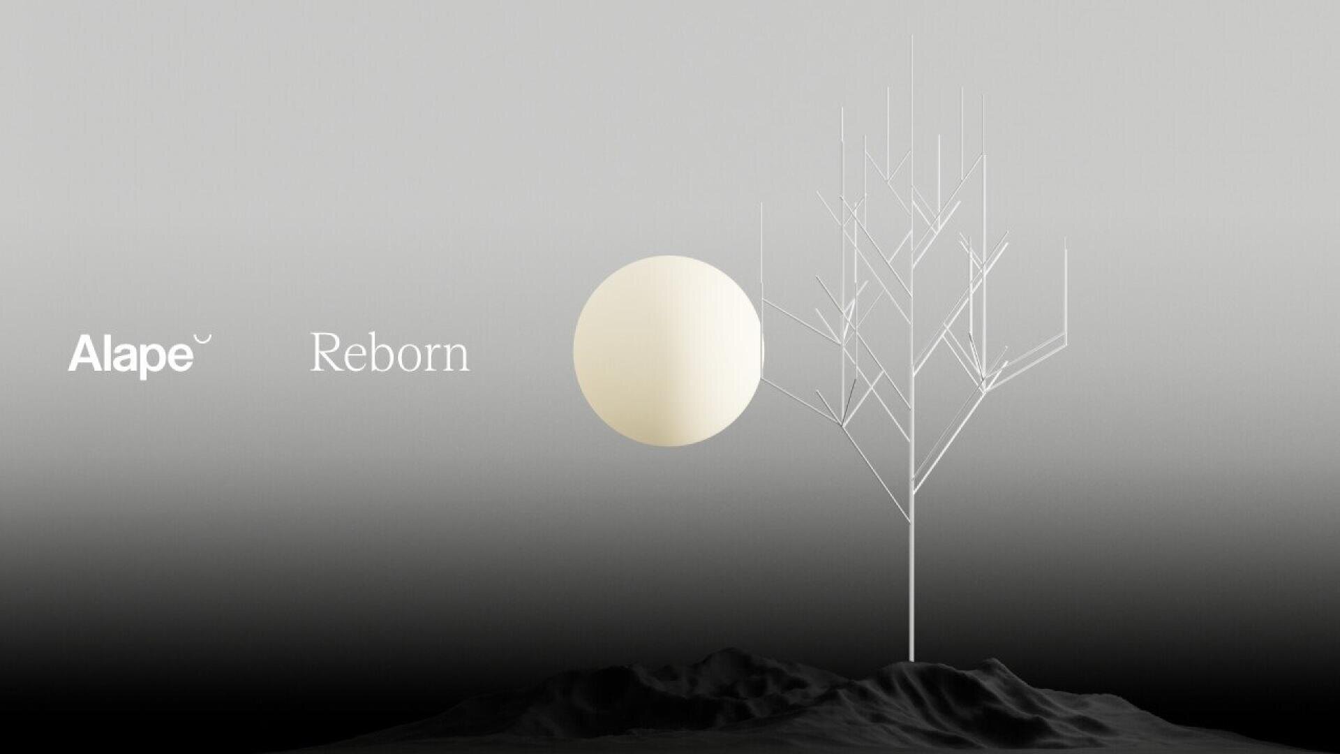 Image minimaliste avec un arbre géométrique blanc, une sphère pâle ressemblant à un soleil ou à une lune, et les mots Alape Reborn sur un fond gris dégradé avec un sol sombre et irrégulier.