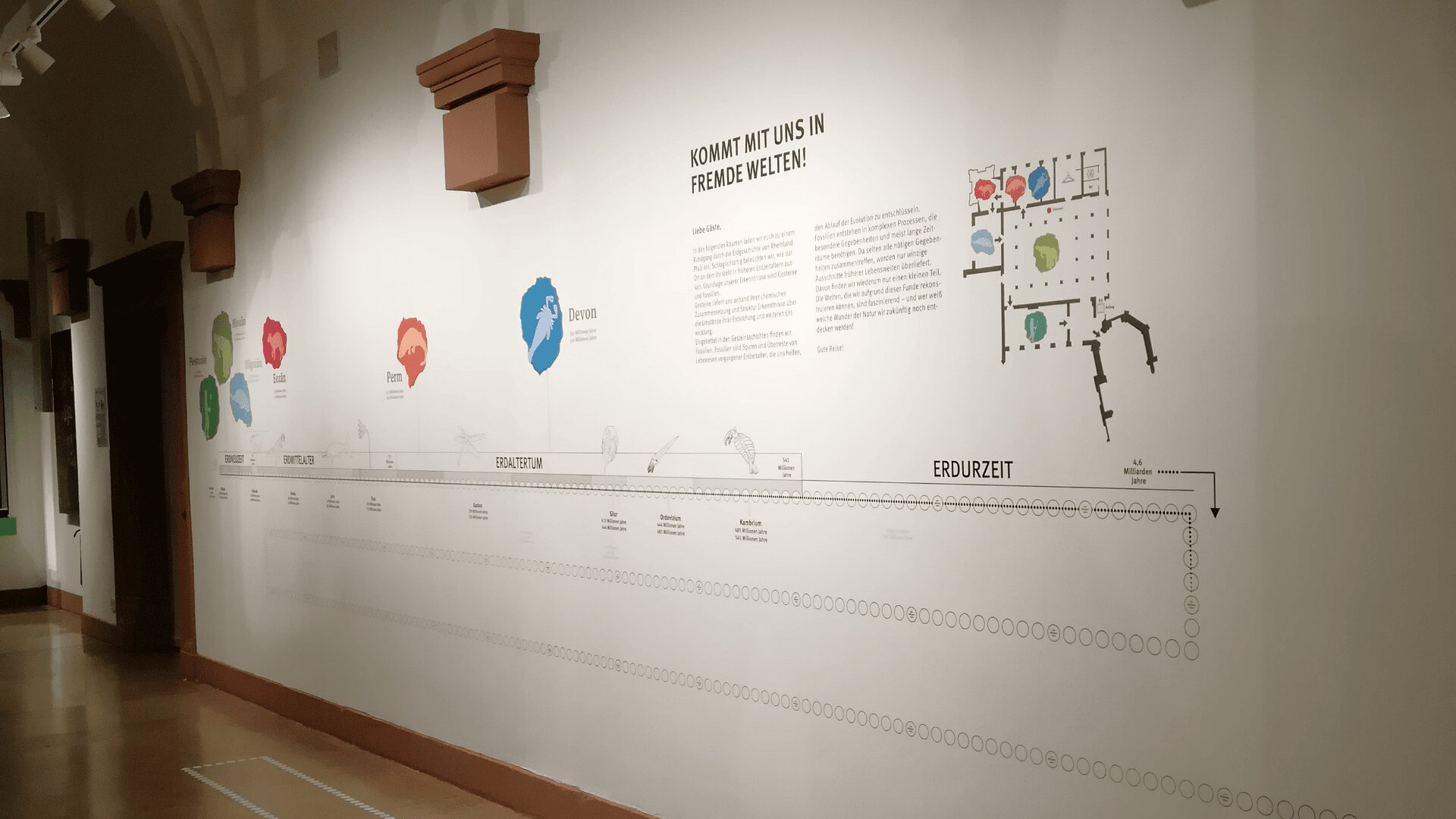 L'exposition murale d'un musée présente une chronologie et des diagrammes avec un texte en allemand, des icônes colorées et des illustrations, invitant les visiteurs à explorer les mondes anciens. L'exposition est bien éclairée, avec des détails architecturaux bruns au-dessus.