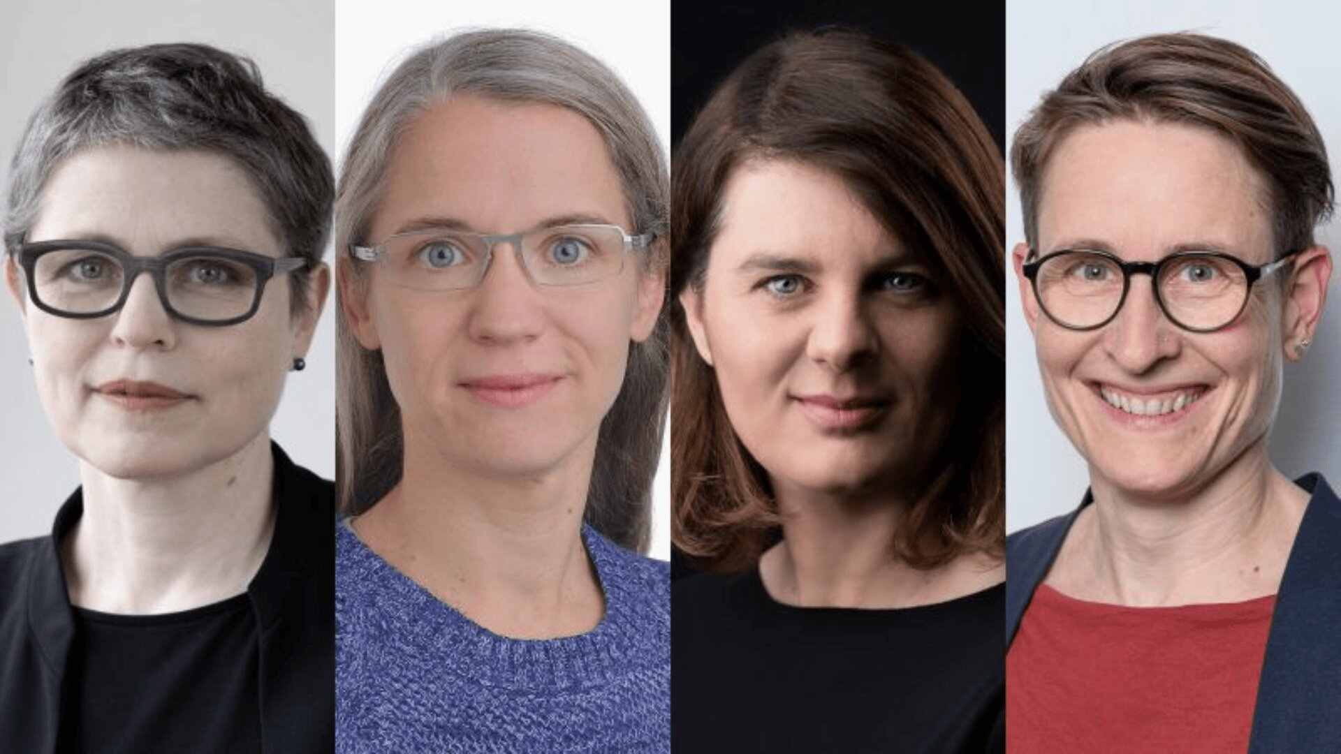 Vier Frauen mit kurzen Haaren und Brillen, die jeweils von den Schultern aufwärts vor neutralen Hintergründen gezeigt werden, sind nebeneinander in einem Collageformat angeordnet.