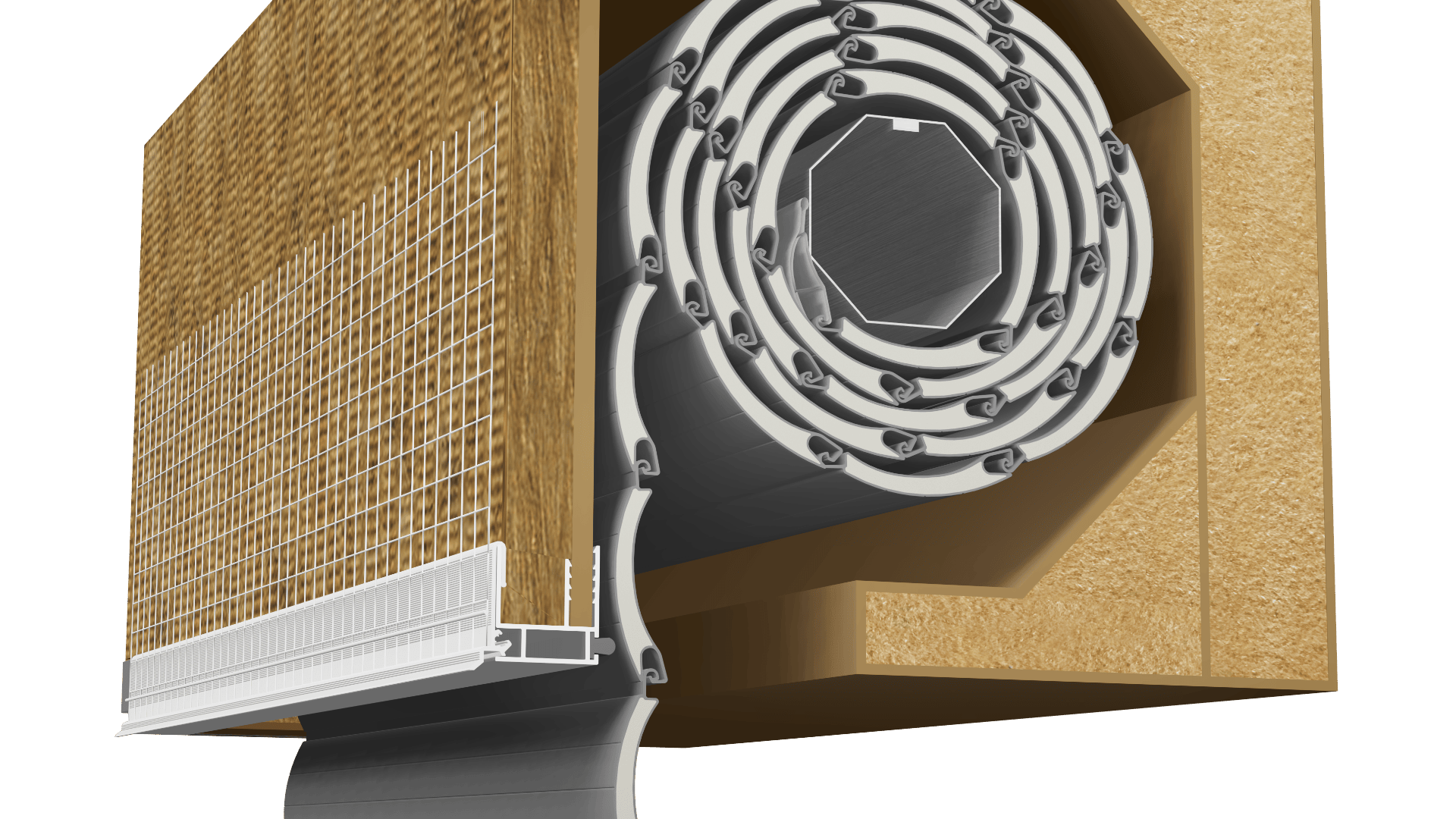 Schnittdarstellung, die einen aufgerollten Fensterladenmechanismus in einem Holzrahmen zeigt, wobei Isoliermaterial und Drahtgeflecht um die Struktur herum sichtbar sind. Der Rollladen ist teilweise nach unten ausgefahren.