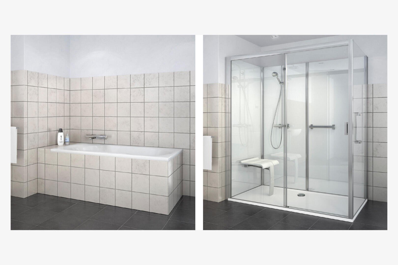 Teilbild eines gefliesten Badezimmers: links eine eingebaute Badewanne mit einer Flasche am Rand, rechts eine verglaste Dusche mit Klappsitz und Haltegriffen, ebenfalls gefliest.