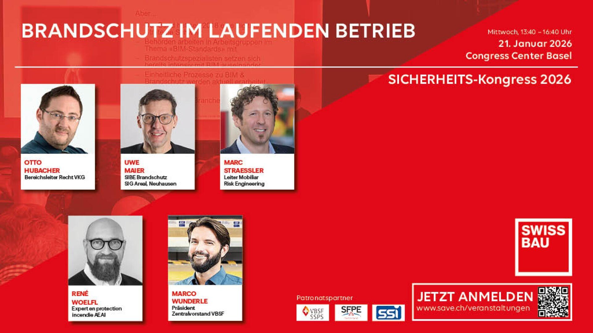 Werbebild für den SICHERHEITS-Kongress 2026 mit Fotos und Namen von fünf männlichen Referenten, Veranstaltungsdetails, Partnerlogos und einem roten Hintergrund. Die Veranstaltung findet am 21. Januar 2026 im Congress Center Basel statt.