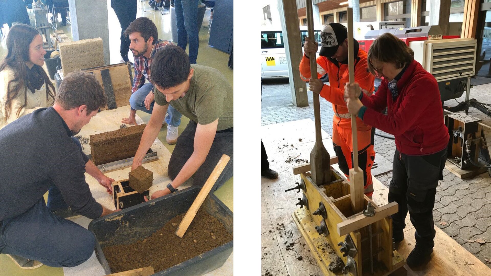 Zwei Bilder: Links: Eine Gruppe von Personen setzt einen Lehmblock zusammen und presst ihn in eine Holzform. Rechts: Zwei Personen pressen mit einem großen Hebel manuell Erde in einem Holzrahmen.
