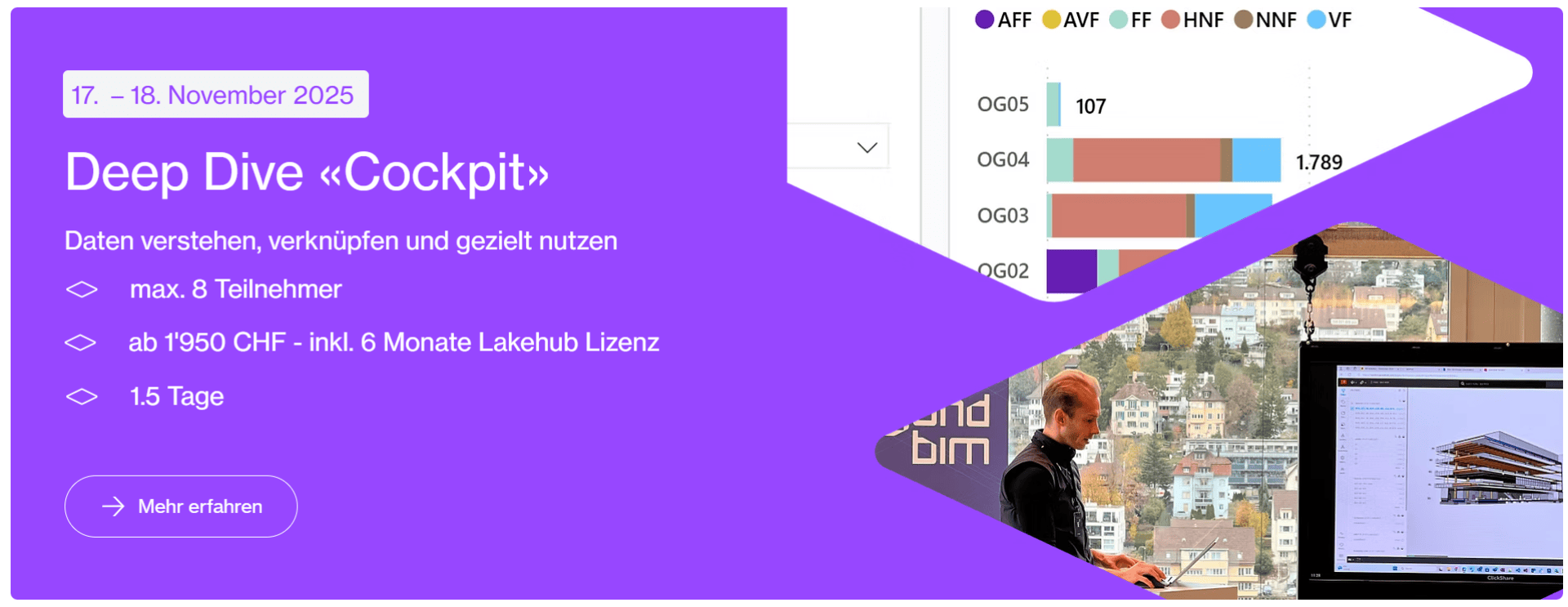Eine violette Grafik wirbt für einen Deep Dive Cockpit Workshop am 17. und 18. November 2025 mit Angaben zu Dauer, Preis und Teilnehmerzahl. Rechts präsentiert eine Person ein 3D-Modell auf einem Bildschirm in einem modernen Büro.