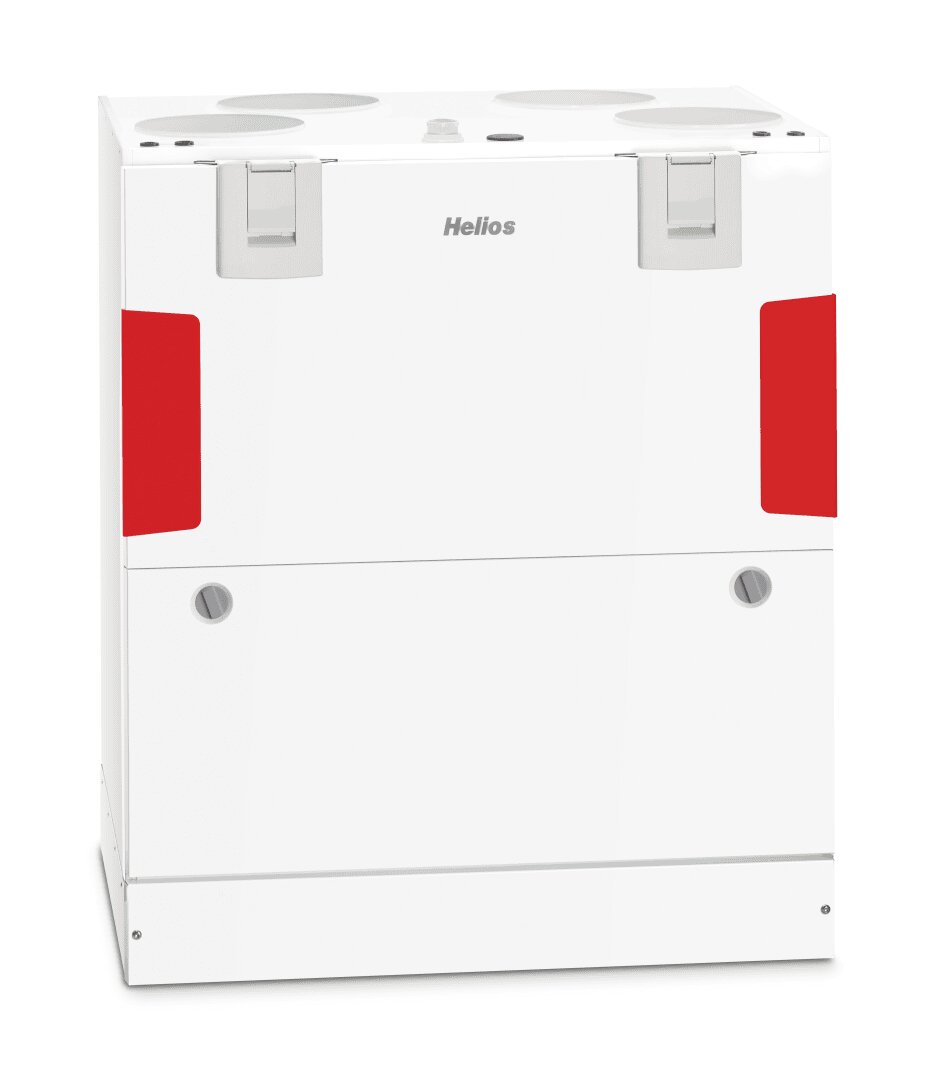 Unité de ventilation Helios blanche avec des accents rectangulaires rouges sur les côtés, deux loquets supérieurs et deux boutons de commande circulaires sur le panneau avant.