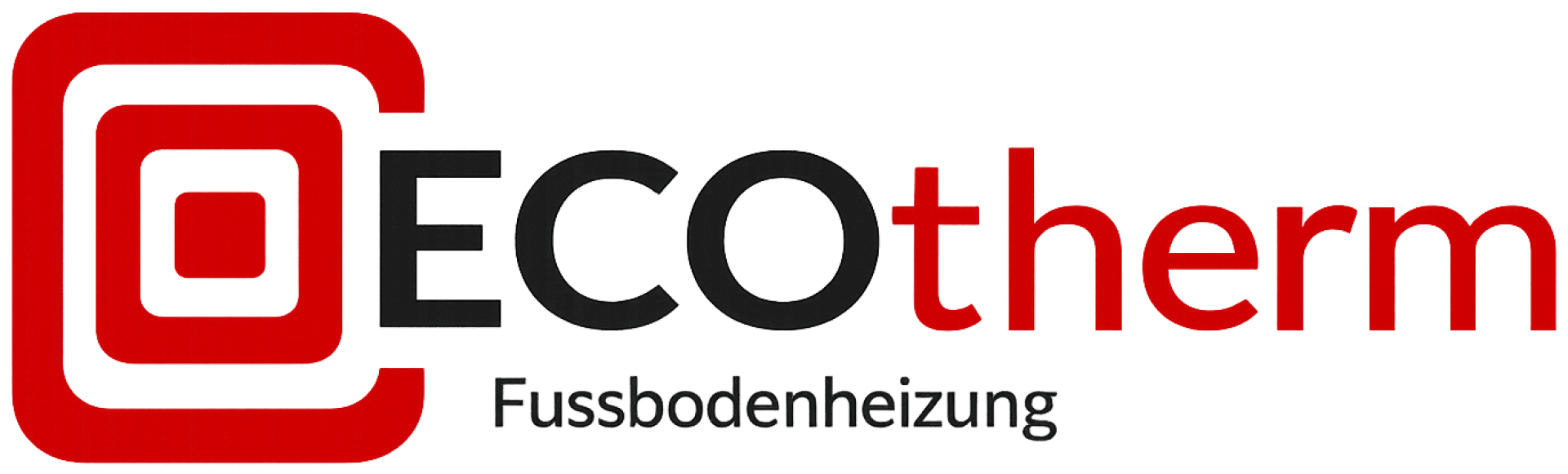 Logo für ECOtherm Fussbodenheizung, mit einem roten geometrischen Muster auf der linken Seite, darunter ECOtherm in schwarzer und roter Schrift und Fussbodenheizung in kleineren schwarzen Buchstaben.