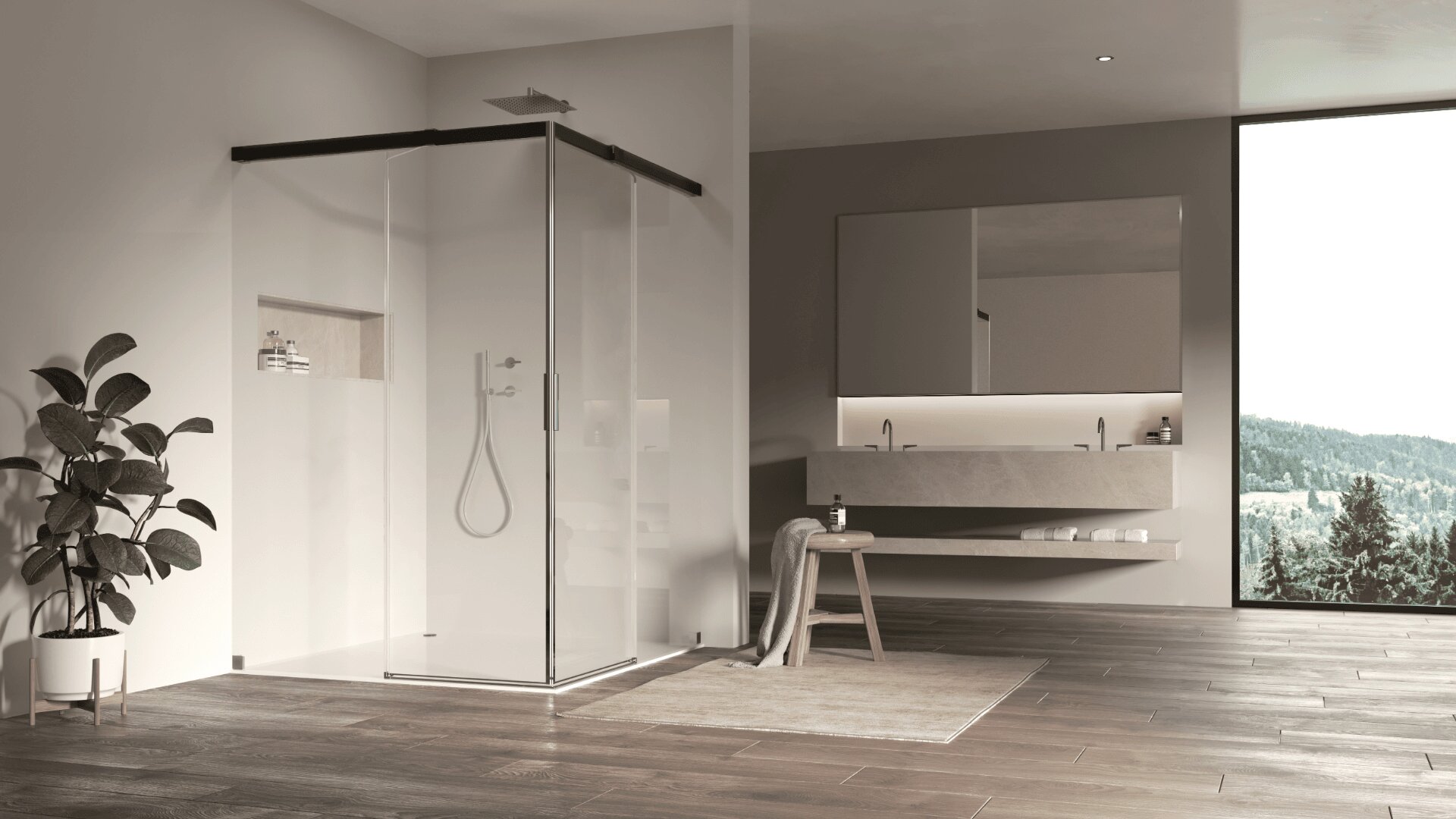 Ein modernes Badezimmer mit einer Glasduschkabine, einem schwimmenden Doppelwaschbecken, einem großen Spiegel, einer Pflanze, einem Holzhocker und einem großen Fenster mit Blick auf die grüne Landschaft draußen. Der Raum ist mit Holzböden und neutralem Dekor ausgestattet.