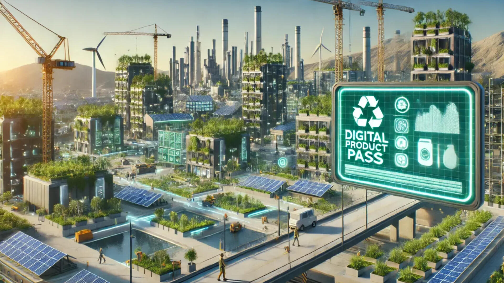Eine futuristische, umweltfreundliche Stadt mit grünen Dächern, Sonnenkollektoren, Windturbinen und Fabriken. Eine digitale Anzeige zeigt ein Recycling-Symbol und die Worte "Digitaler Produktpass". Überall sind Kräne und Grünpflanzen zu sehen.