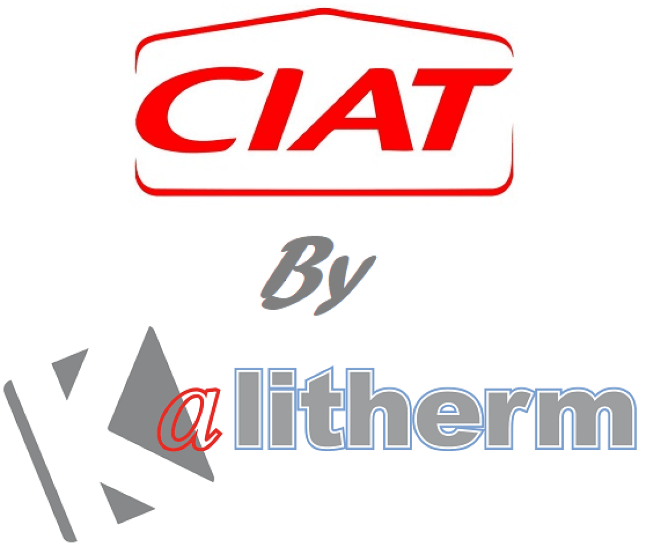 Logo mit CIAT in roter Schrift innerhalb eines roten Umrisses, darüber das Wort By in grauer Schrift, darüber Kalitherm mit dem K in Grau und Alitherm in Blau, mit dem a in Rot und einer grauen abstrakten Form neben dem K.