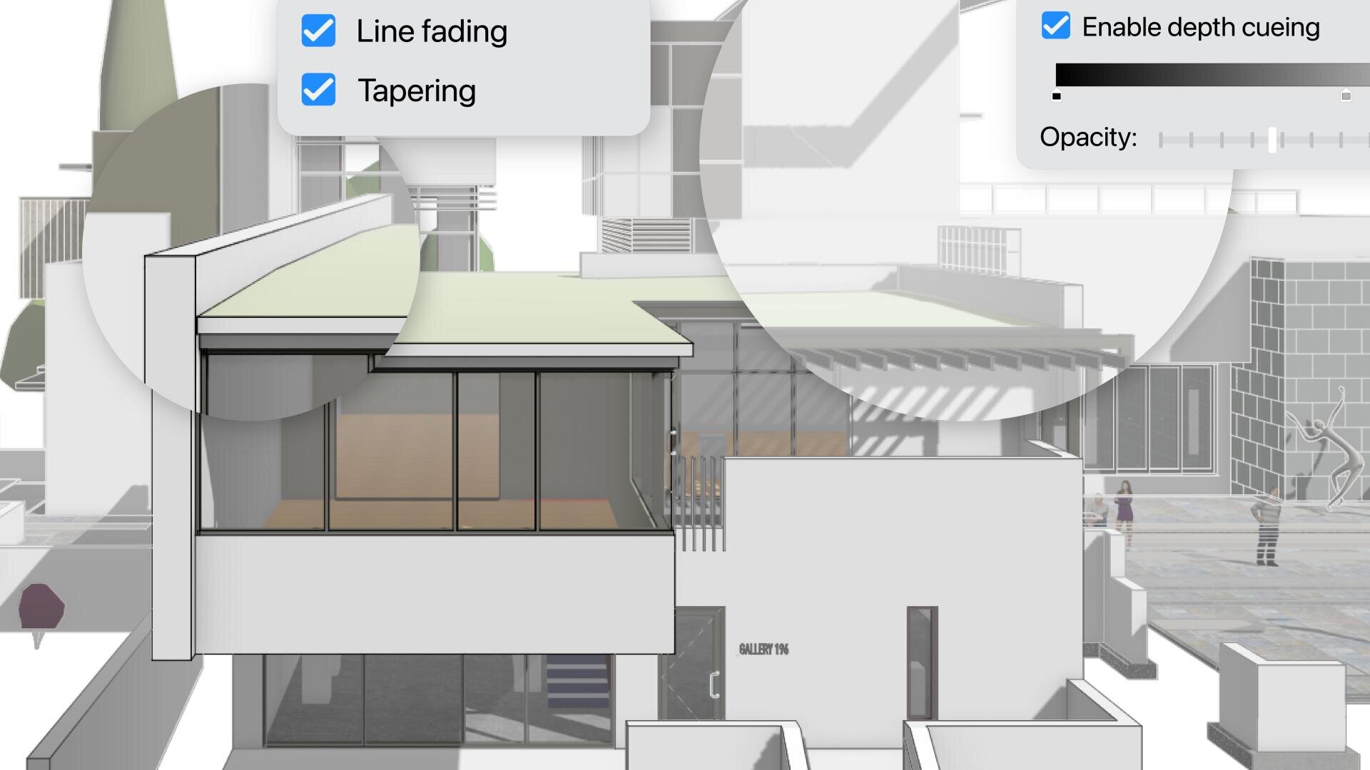 Ein digitales architektonisches Rendering mit lichtdurchlässigen Überlagerungen, die Einstellungen wie Linienüberblendung, Verjüngung und Aktivieren der Tiefenanpassung mit einem Deckkraftregler zeigen und die Merkmale eines modernen Gebäudedesigns hervorheben.