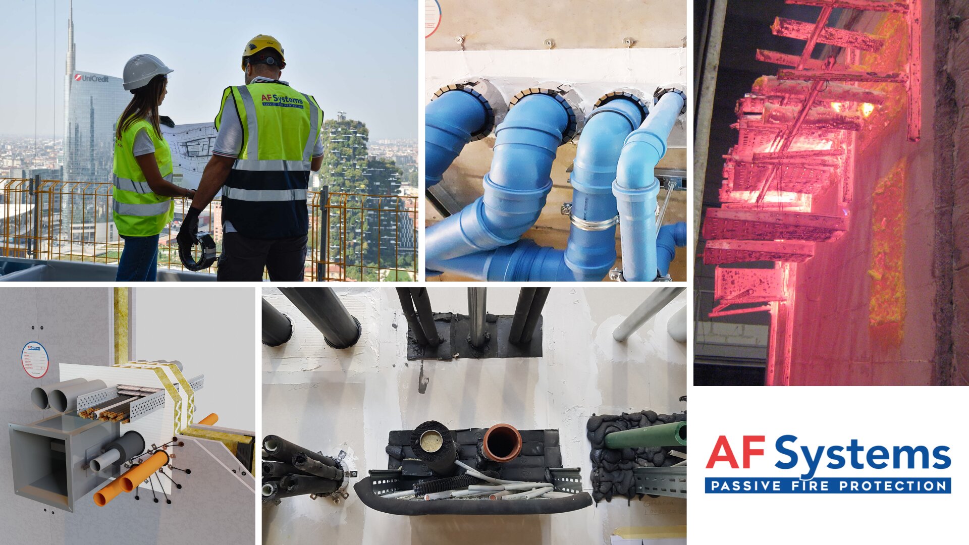 Eine Collage mit Bauarbeitern auf der Baustelle, blauen Rohren, feuerfesten Kabeln und Rohren, Testflammen und dem Logo von AF Systems Passive Fire Protection.