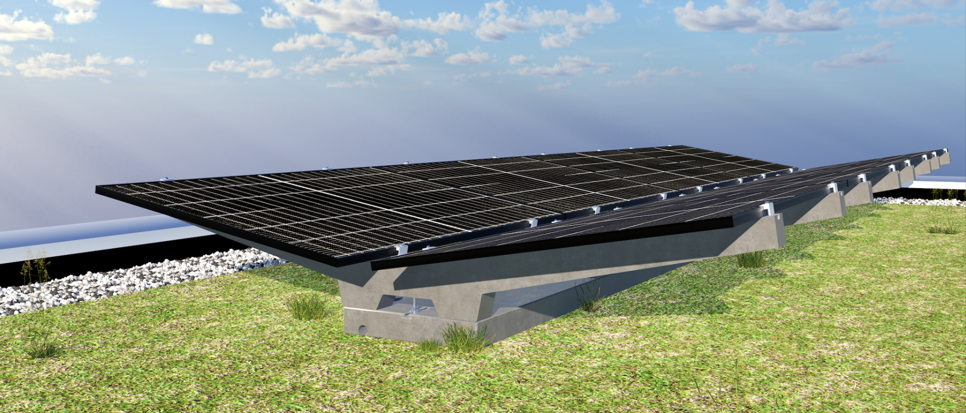 Eine große Reihe schwarzer Solarmodule ist auf einer Betonstruktur montiert, die auf einer Wiese mit kleinen Felsen in der Nähe steht, unter einem blauen Himmel mit vereinzelten Wolken.