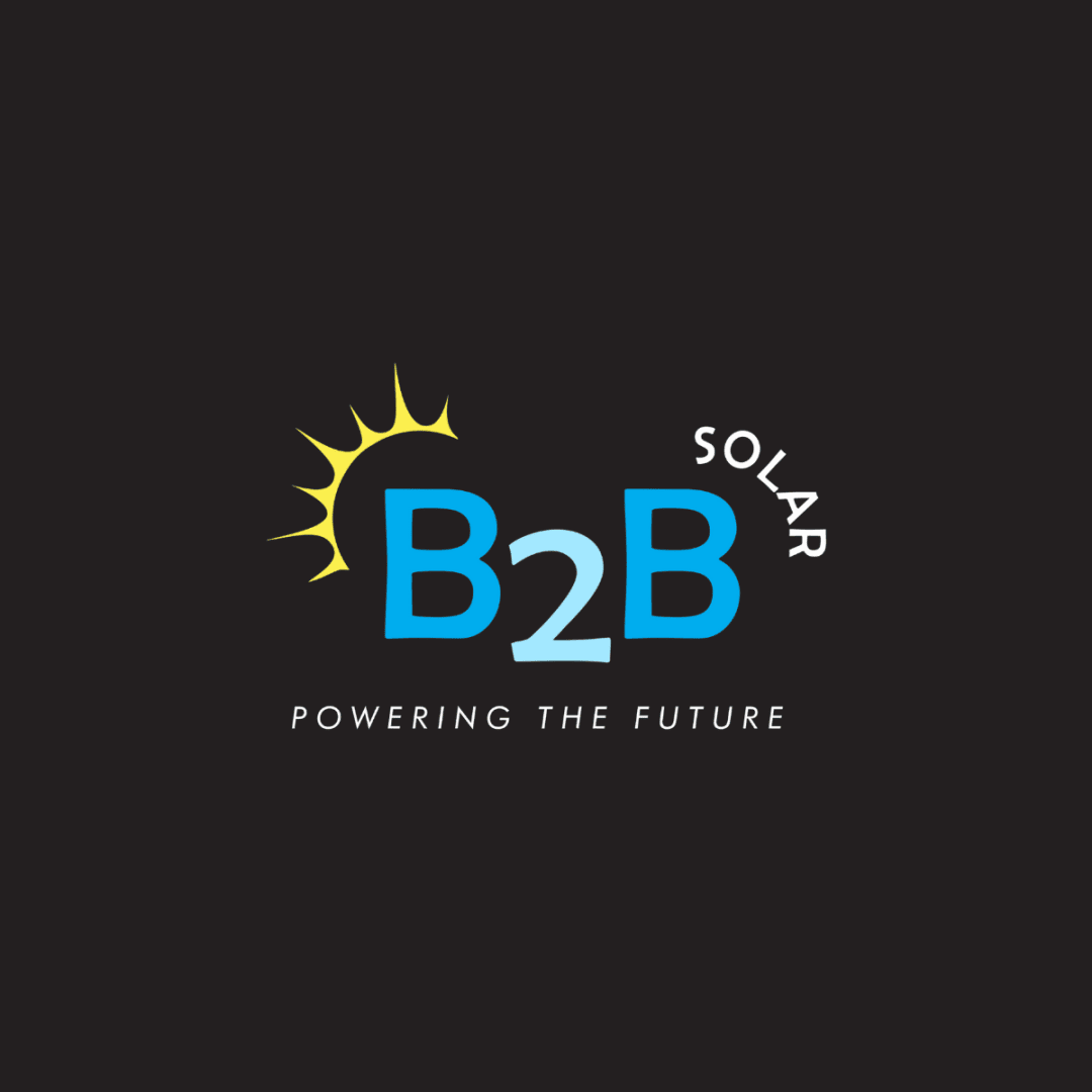 Logo auf schwarzem Hintergrund mit B2B in Blau, einer gelben Sonnengrafik, SOLAR in vertikaler Schrift und dem Slogan POWERING THE FUTURE in Weiß darunter.