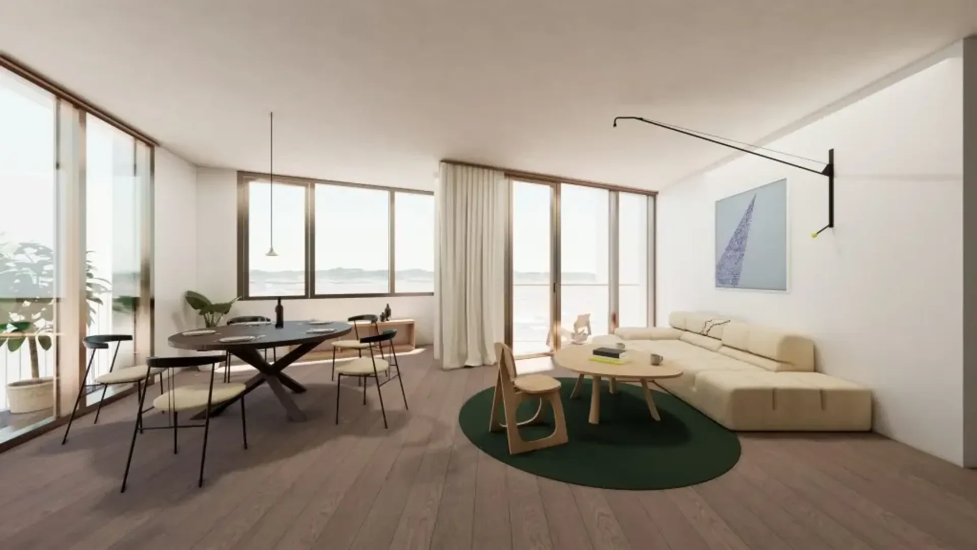 Salon et salle à manger modernes et minimalistes avec de grandes fenêtres, des sols en bois, une table à manger ronde avec des chaises noires, un canapé sectionnel de couleur crème, un tapis vert rond, des tables en bois clair, de l'art mural et beaucoup de lumière naturelle.