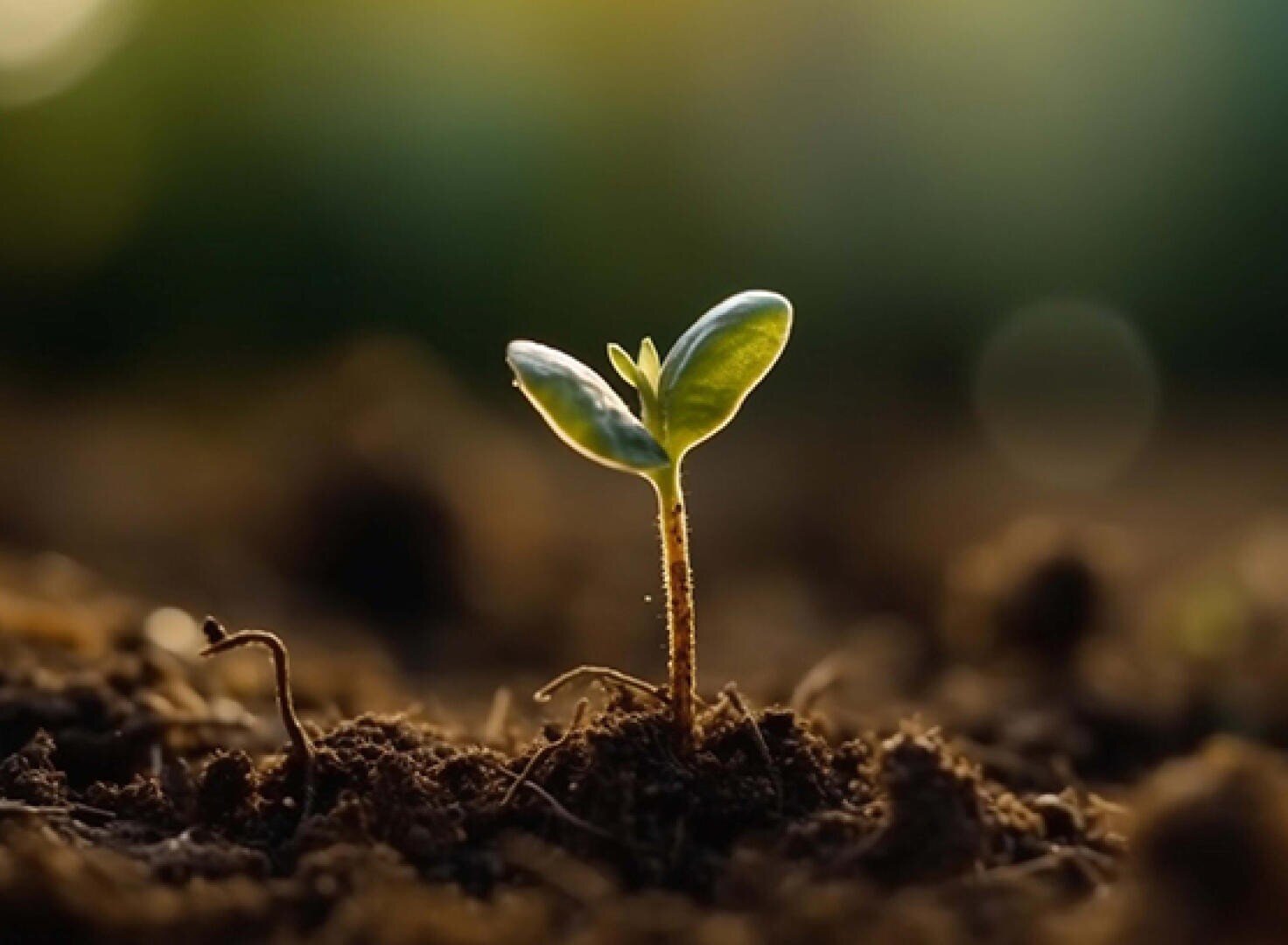 Un petit germe vert avec deux feuilles émerge de la terre riche et sombre, baigné dans la douce lumière du soleil, avec un arrière-plan flou et naturel.