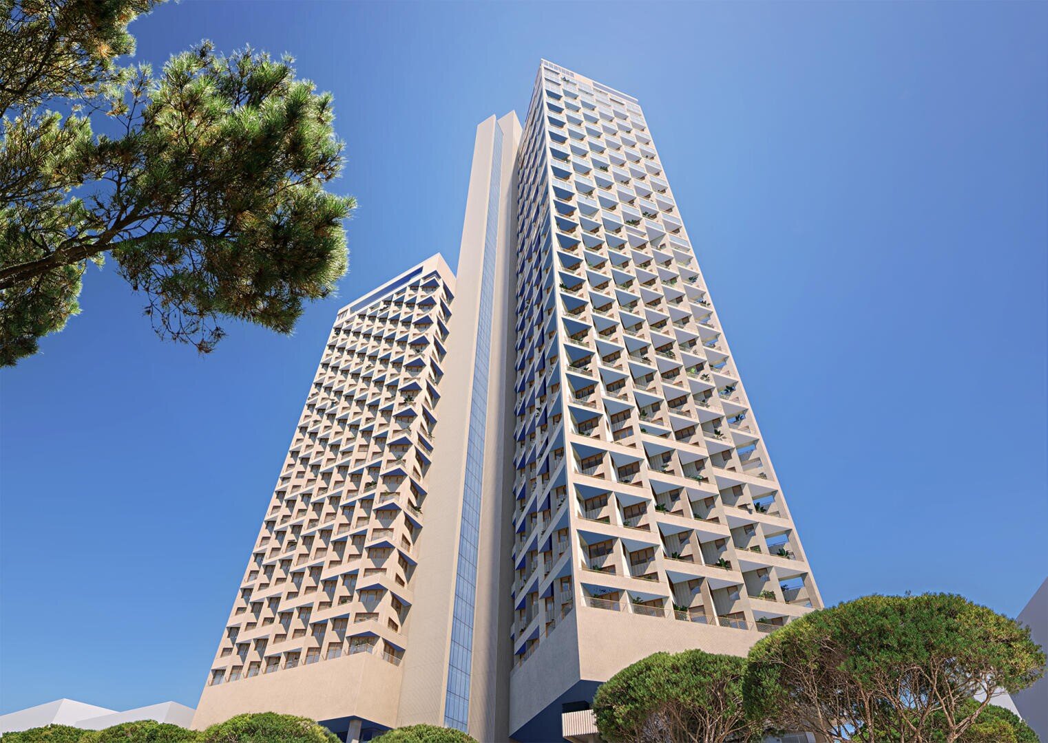 Deux immeubles modernes aux balcons géométriques se détachent sur un ciel bleu limpide, encadrés d'arbres verts à la base et au premier plan.