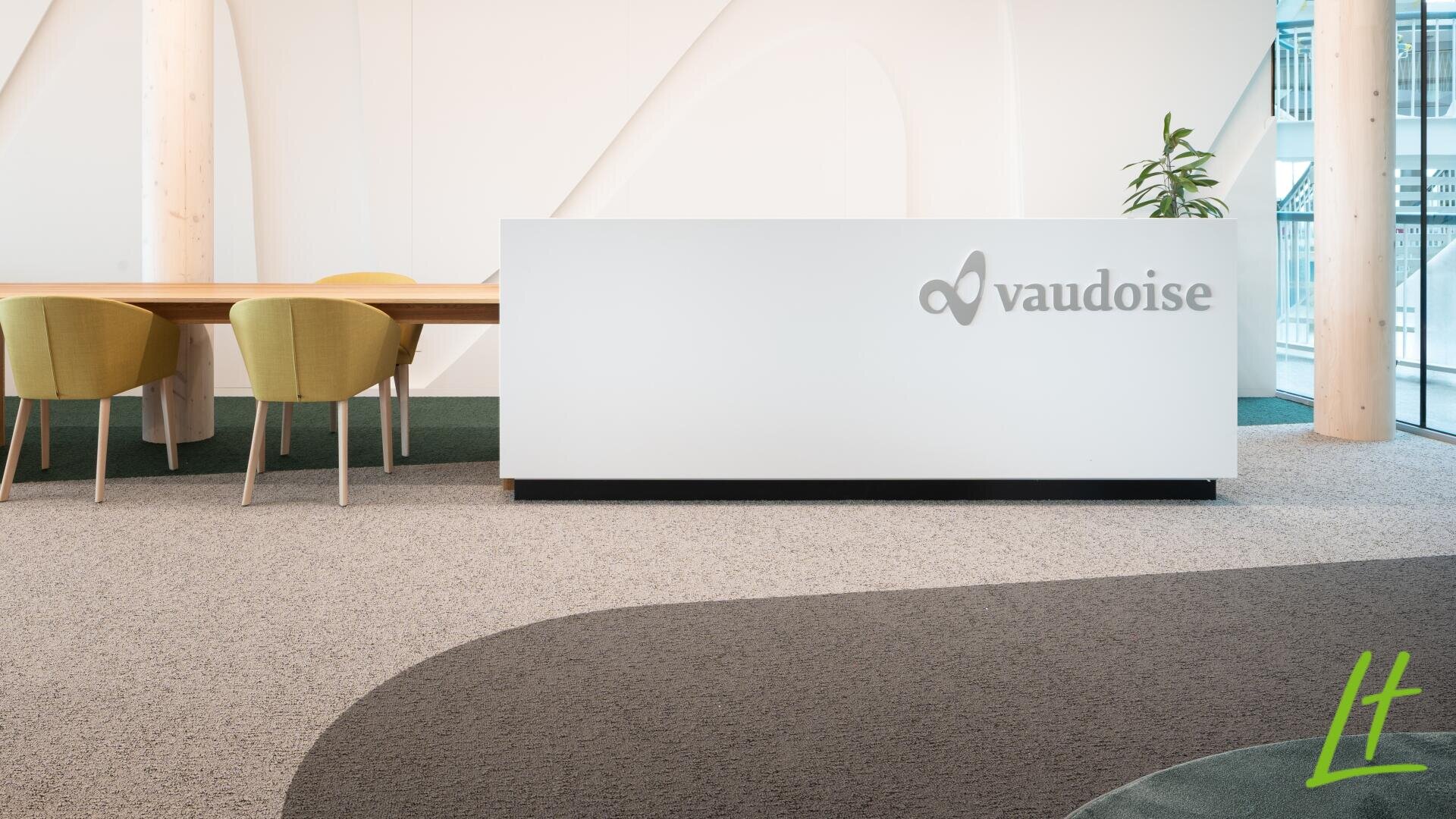 Un espace d'accueil moderne avec un bureau blanc sur lequel est apposé le logo de la vaudoise, des chaises vertes autour d'une table en bois, une plante et de grandes fenêtres qui laissent entrer la lumière naturelle.