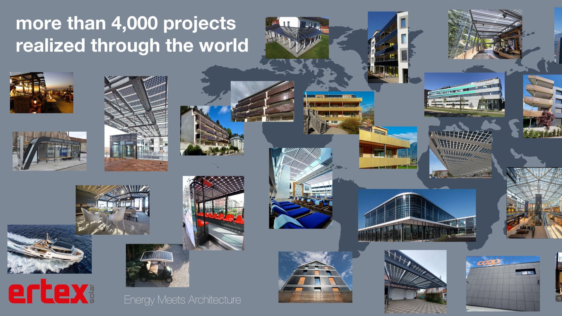 Un collage de photos de projets architecturaux avec le texte de plus de 4 000 projets réalisés à travers le monde. Les images sont disposées sur une carte du monde peu visible. Le logo d'ertex solar et le slogan Energy Meets Architecture se trouvent en bas à gauche.