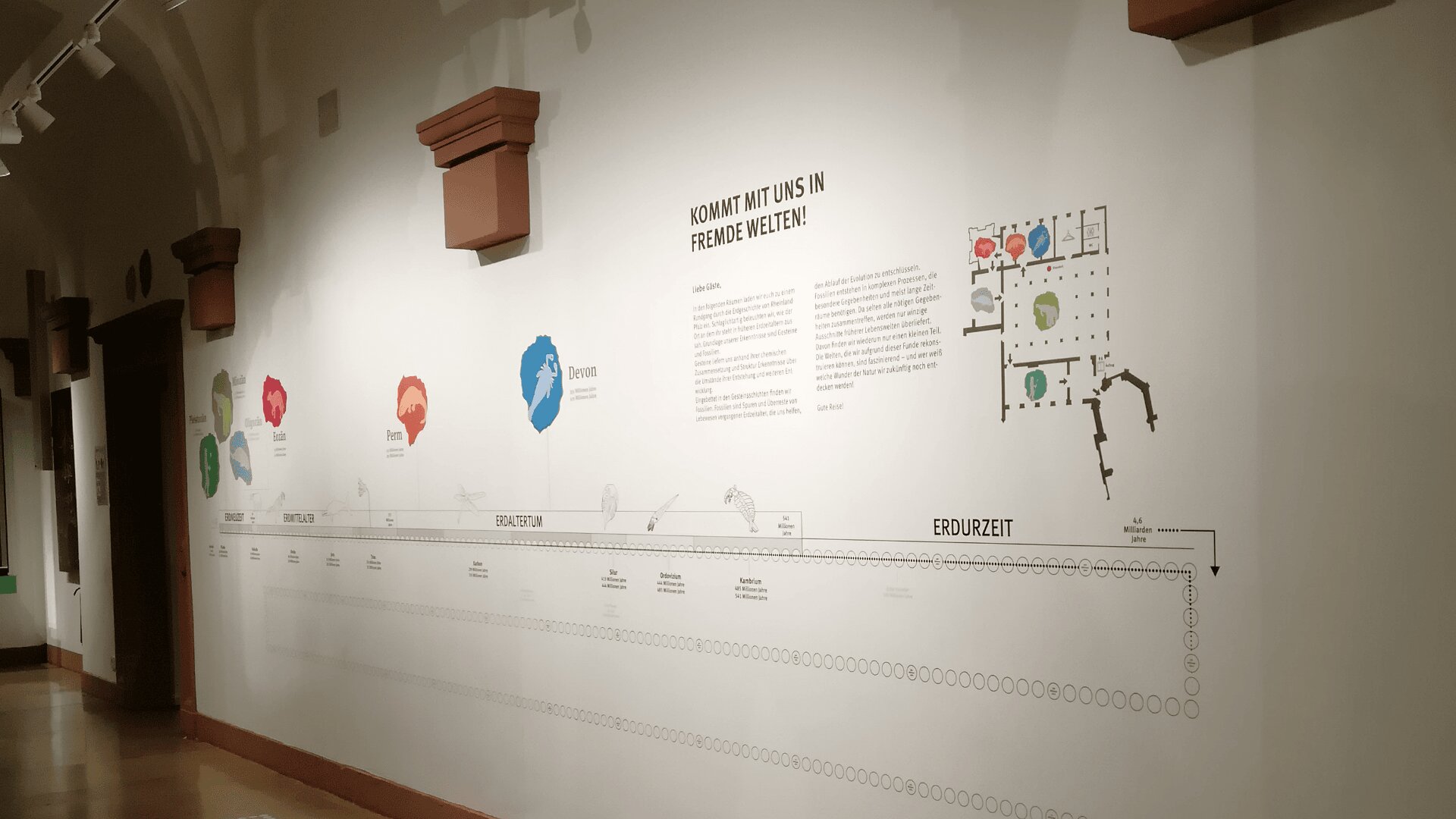 Eine Museumswand zeigt eine große Zeitleiste mit deutschem Text, bunten Symbolen, Diagrammen und Illustrationen, die historische Epochen und wissenschaftliche Konzepte erklären, unter gewölbten Decken mit dekorativen Kragsteinen.