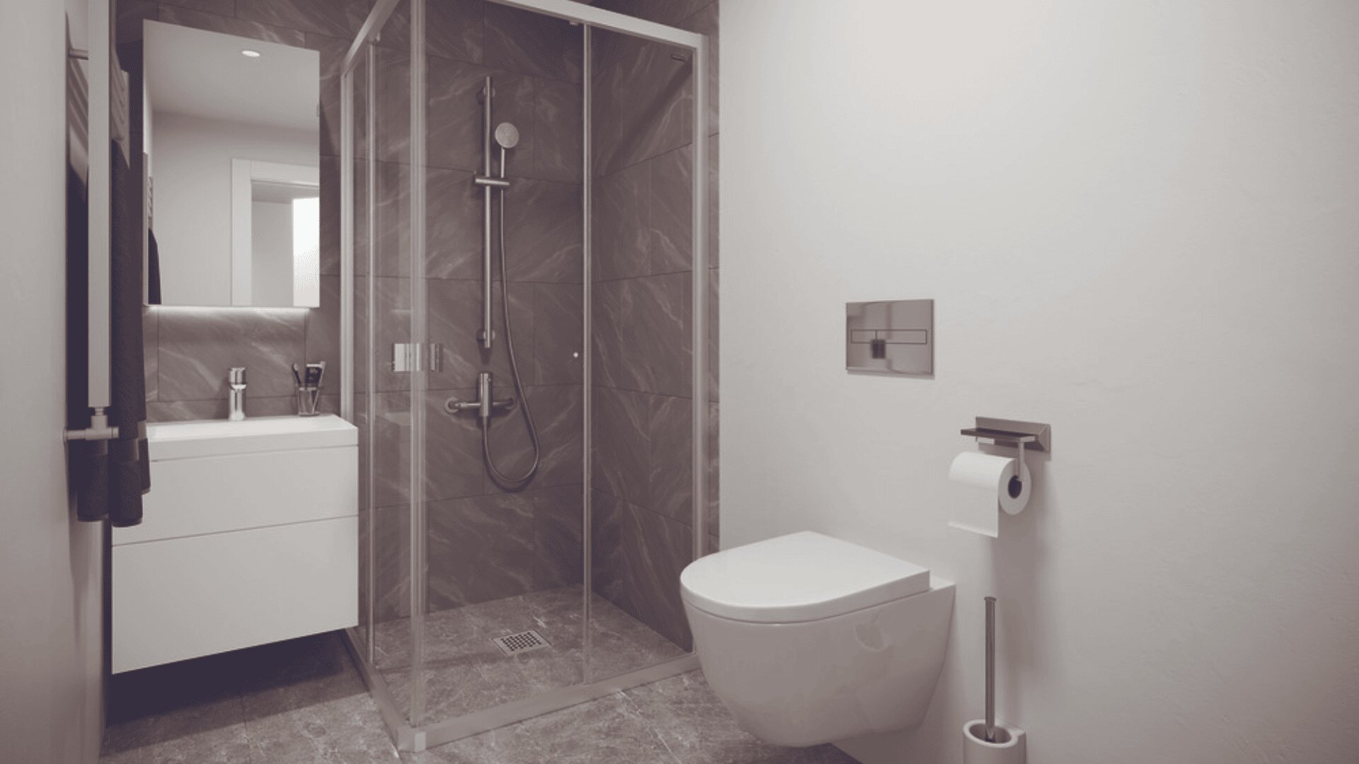 Modernes Badezimmer mit gläserner Dusche, wandmontierter Toilette mit Toilettenpapierhalter und weißem Waschtisch mit Waschbecken und Spiegel; der Raum ist in neutralen Farben gehalten und minimalistisch gestaltet.