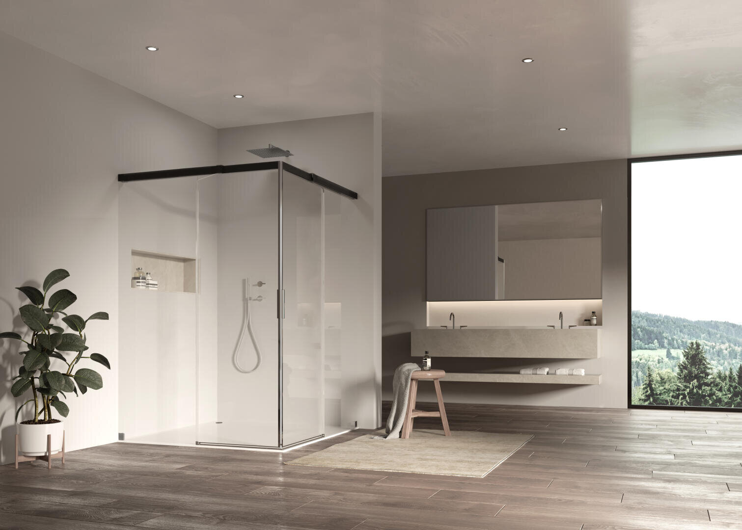 Salle de bains moderne avec cabine de douche en verre, meuble à double vasque, grand miroir mural, plante en pot, sol en bois et grande fenêtre offrant une vue pittoresque sur l'extérieur. Une serviette et des articles de toilette sont posés sur un petit tabouret.
