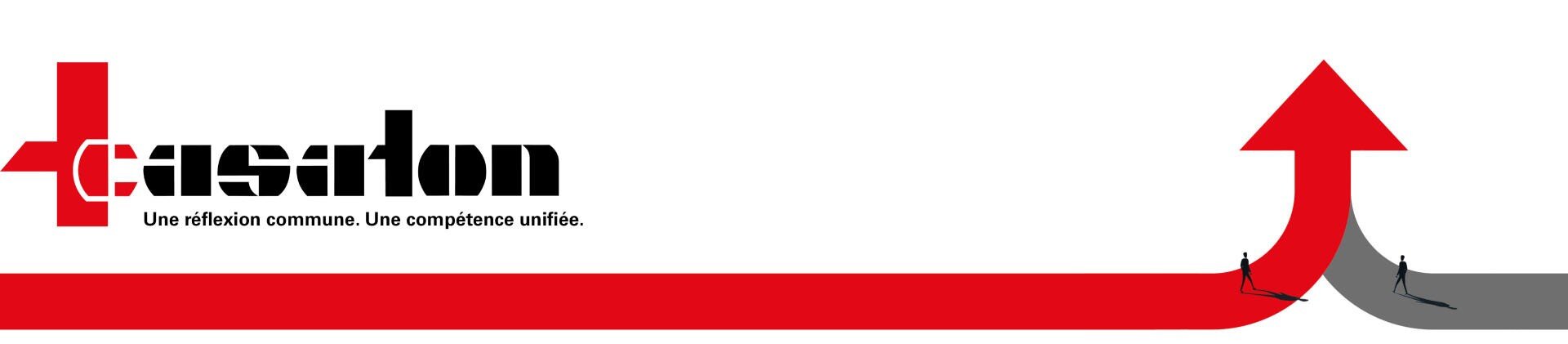 Logo stylisé avec le mot Causation, un slogan en français et deux lignes rouges qui se transforment en une flèche dirigée vers le haut, avec de petites silhouettes de personnes qui se dirigent vers la flèche.
