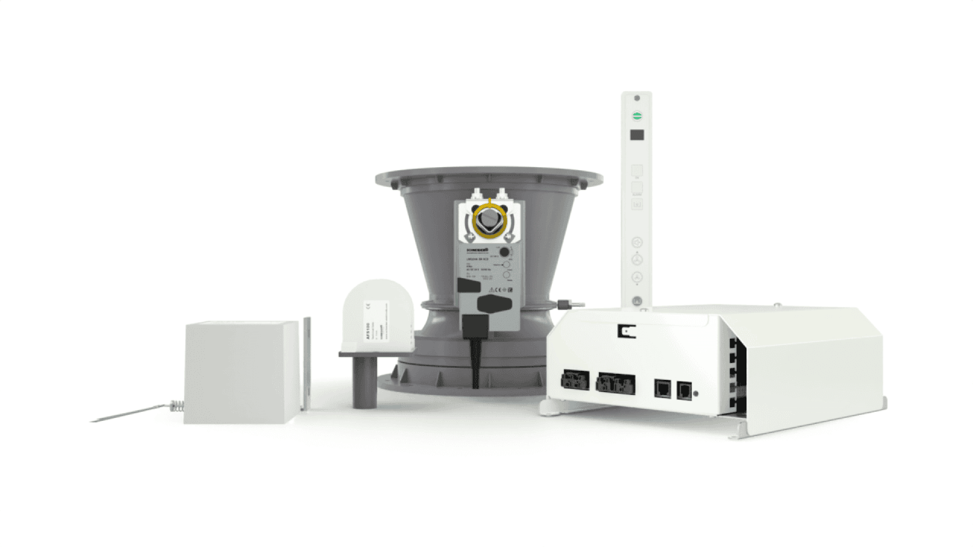 Ensemble d'appareils électroniques et de capteurs modernes, comprenant un ventilateur, des boîtiers de commande, une sonde et un moyeu rectangulaire blanc, le tout présenté sur un fond blanc.