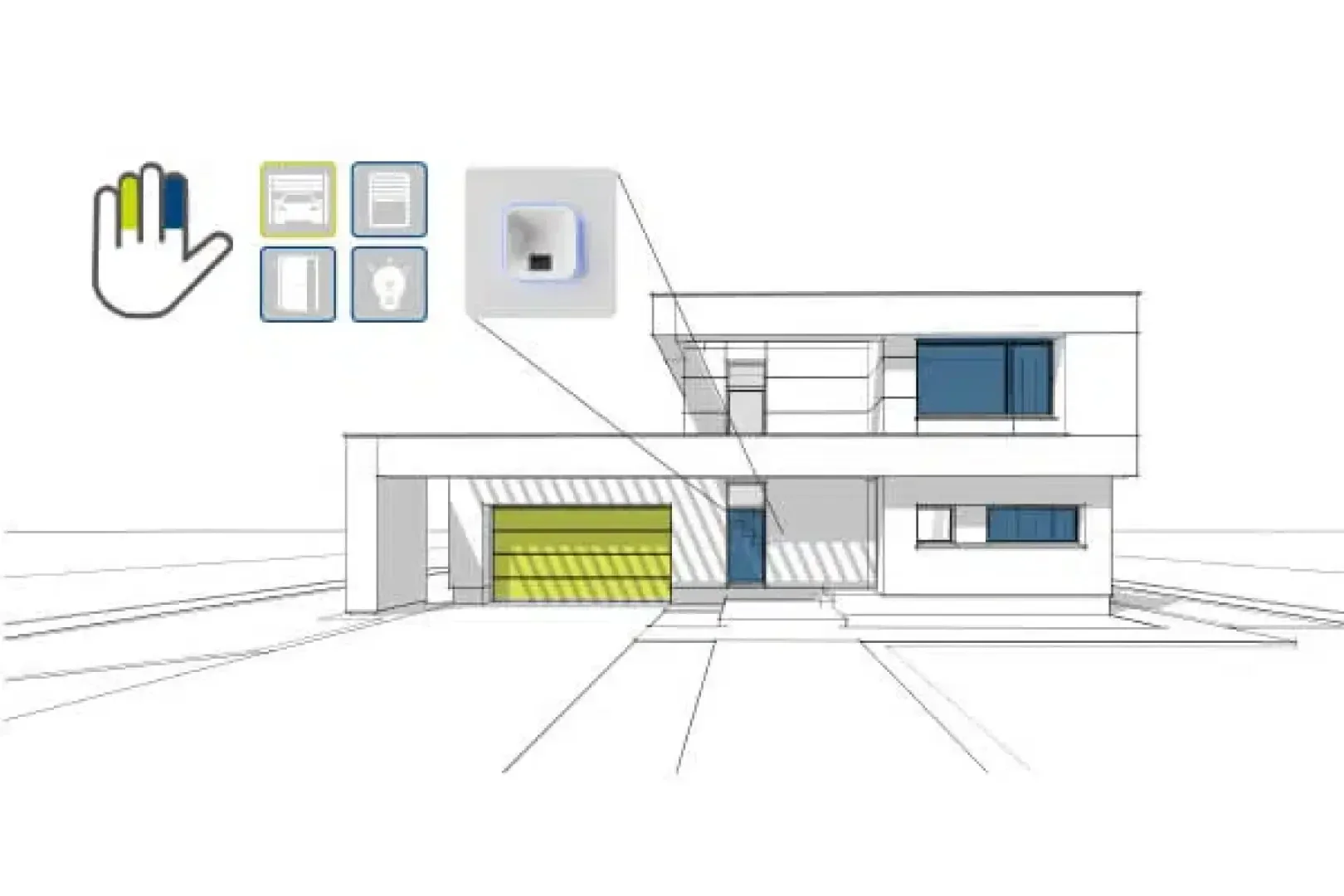 Ein modernes zweistöckiges Haus mit Abbildungen von Smart-Home-Symbolen darüber, darunter eine Garage, Jalousien, Lichter und eine Hand, die einen zentralen Smart-Schalter auswählt.