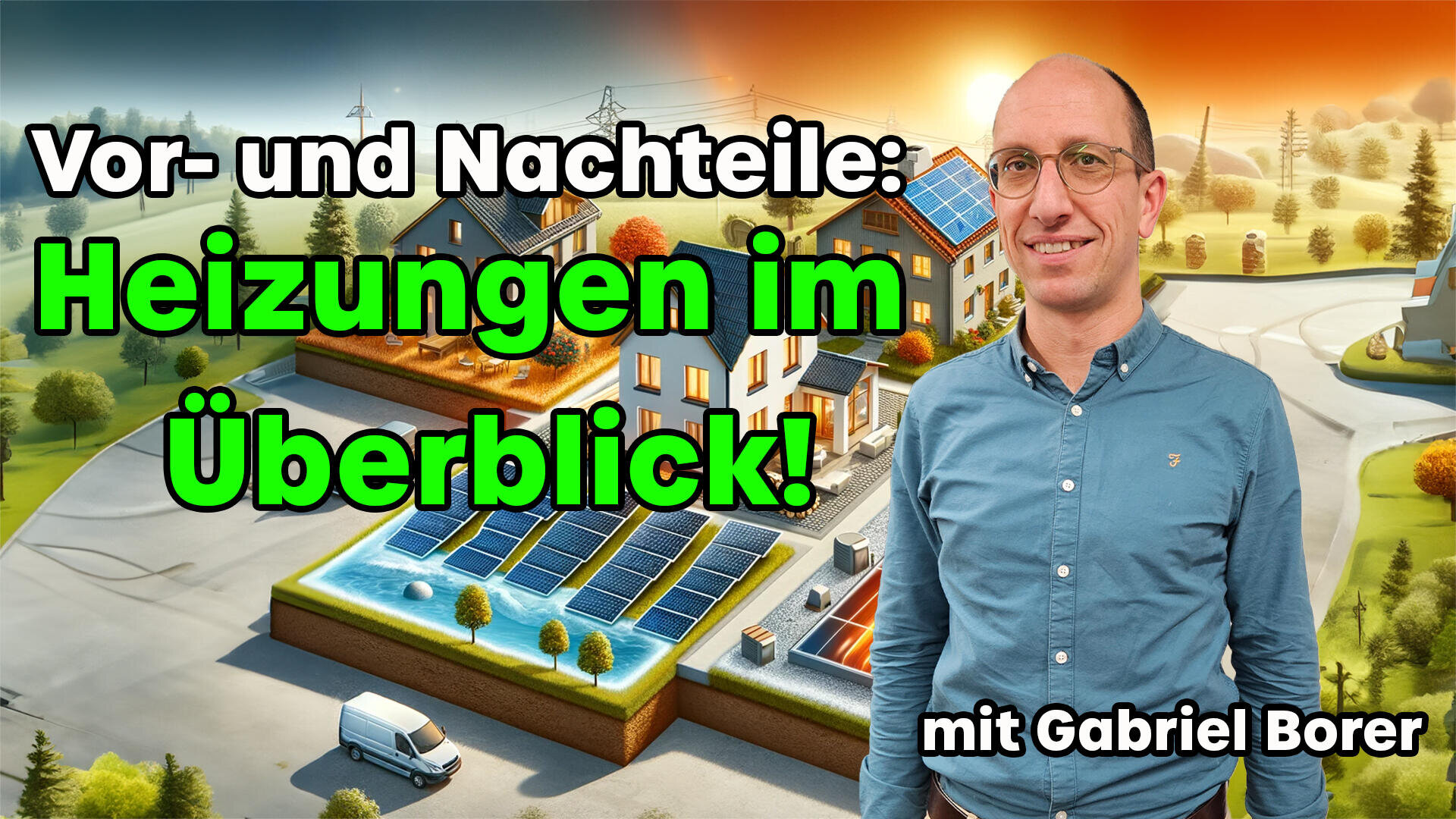 Ein Mann steht lächelnd vor einer digitalen Illustration von Häusern mit Sonnenkollektoren und Heizsystemen. Der deutsche Text lautet: Vor- und Nachteile: Heizungen im Überblick! mit Gabriel Borer.