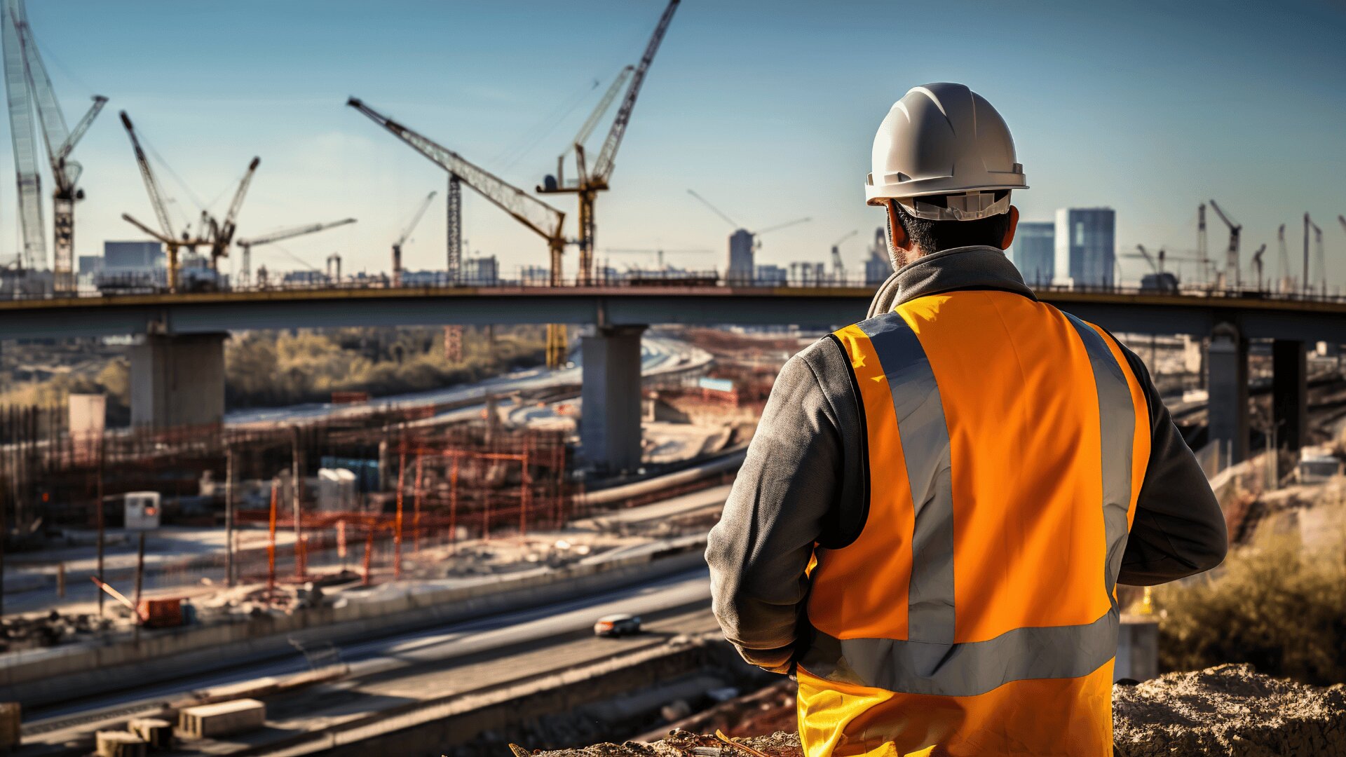 Ein Bauarbeiter mit Schutzhelm und orangefarbener Sicherheitsweste überblickt eine große, aktive Baustelle mit Kränen, Gerüsten und einer im Bau befindlichen Brücke, mit der Skyline einer Stadt im Hintergrund.