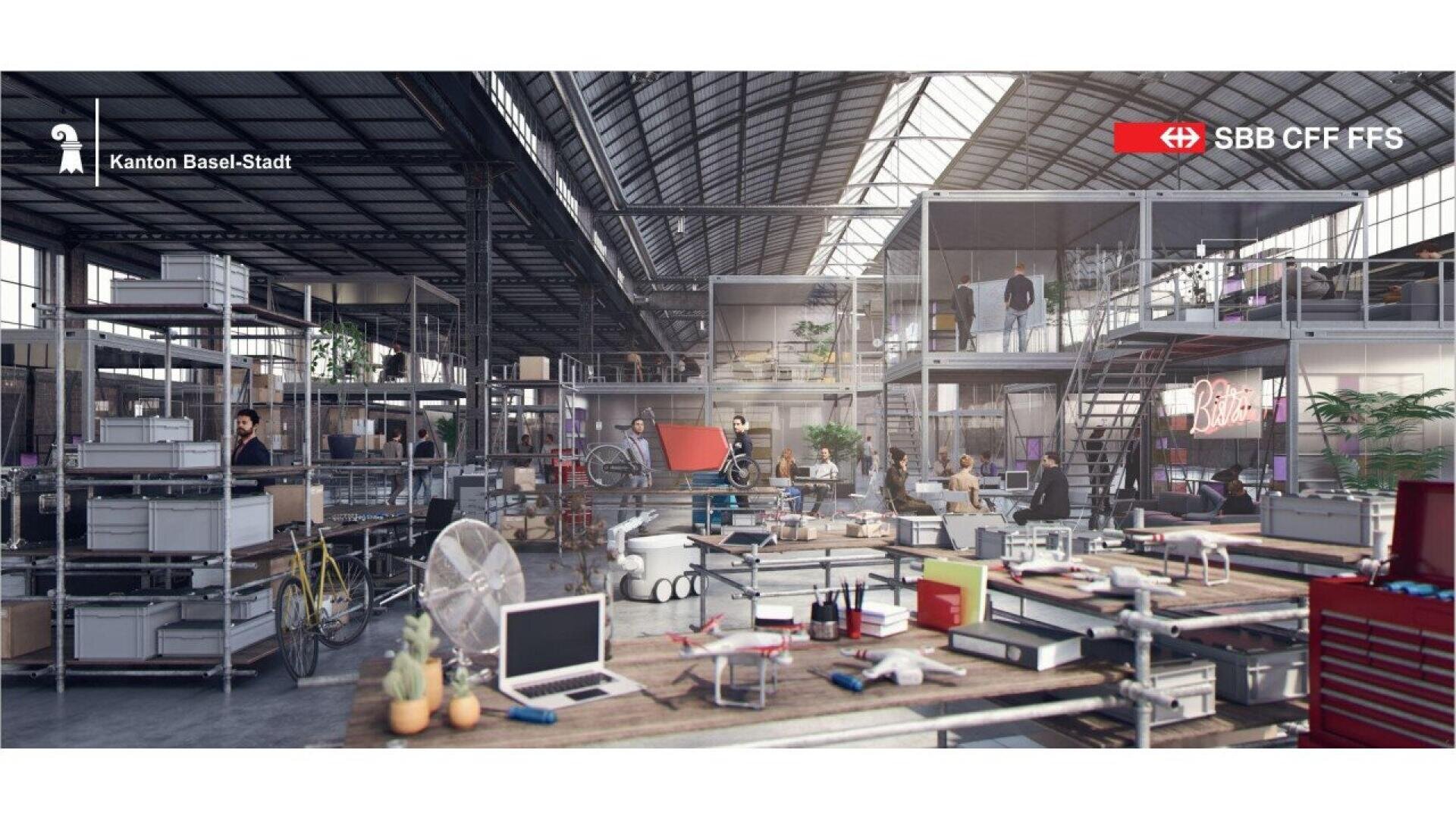 Un grand espace de travail industriel moderne avec des étagères métalliques, des tables de travail, des vélos, des ordinateurs et des personnes en train de travailler. De hauts plafonds avec des panneaux de verre laissent entrer la lumière naturelle. Les logos du canton de Bâle-Ville et des CFF FFS sont visibles.