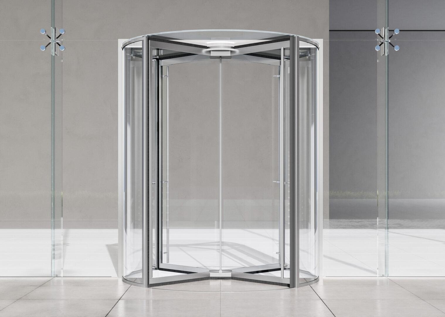 Eine moderne, gläserne Karusselltür mit Metallrahmen steht in der Mitte eines eleganten Gebäudeeingangs mit Glaswänden und einem Fliesenboden.