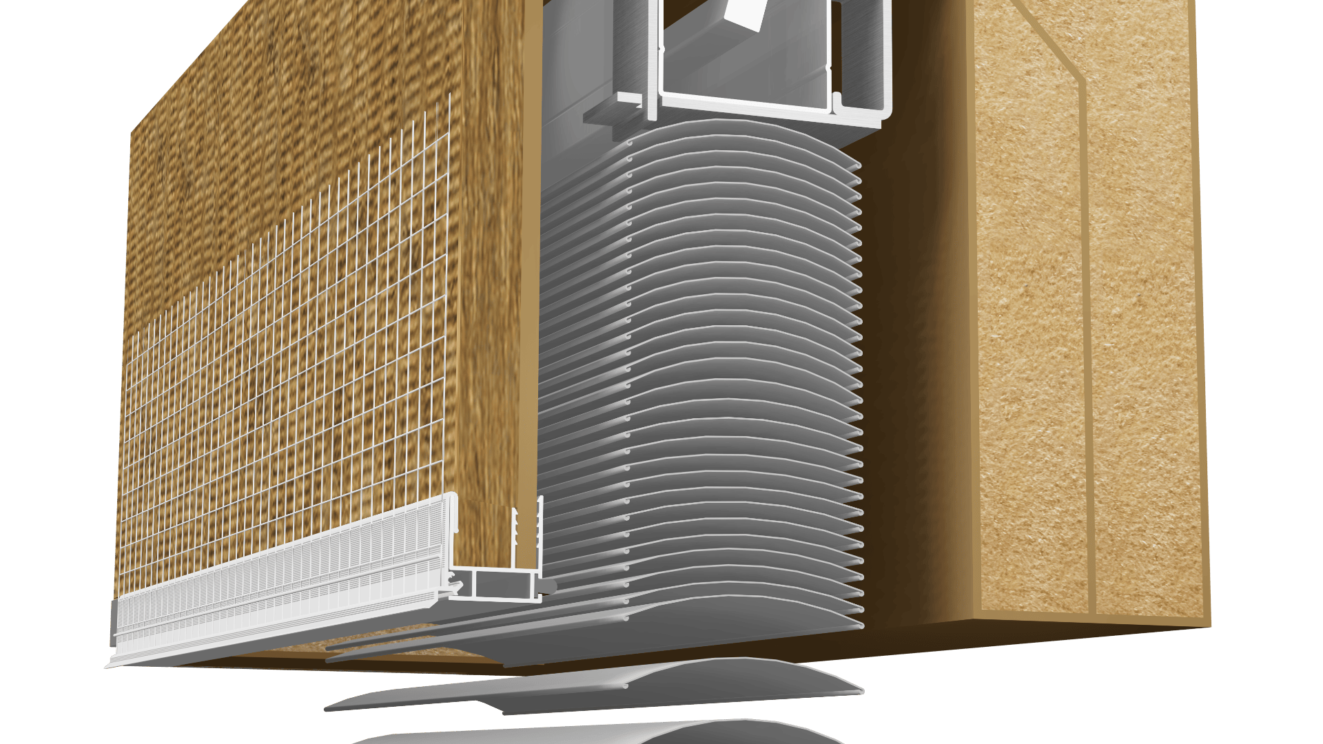 Eine detaillierte 3D-Schnittdarstellung zeigt die Schichten einer Gebäudewand, einschließlich der Dämmung, eines hinterlüfteten Fassadensystems mit horizontalen Lamellen und einer Außenverkleidung aus Holz.