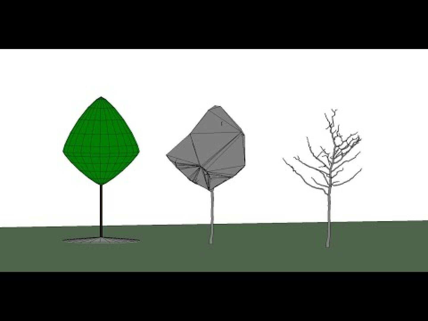 Trois représentations simplifiées d'arbres sur l'herbe : l'arbre de gauche est une forme géométrique verte, l'arbre du milieu est une structure polygonale grise et l'arbre de droite est une silhouette ramifiée sans feuilles.