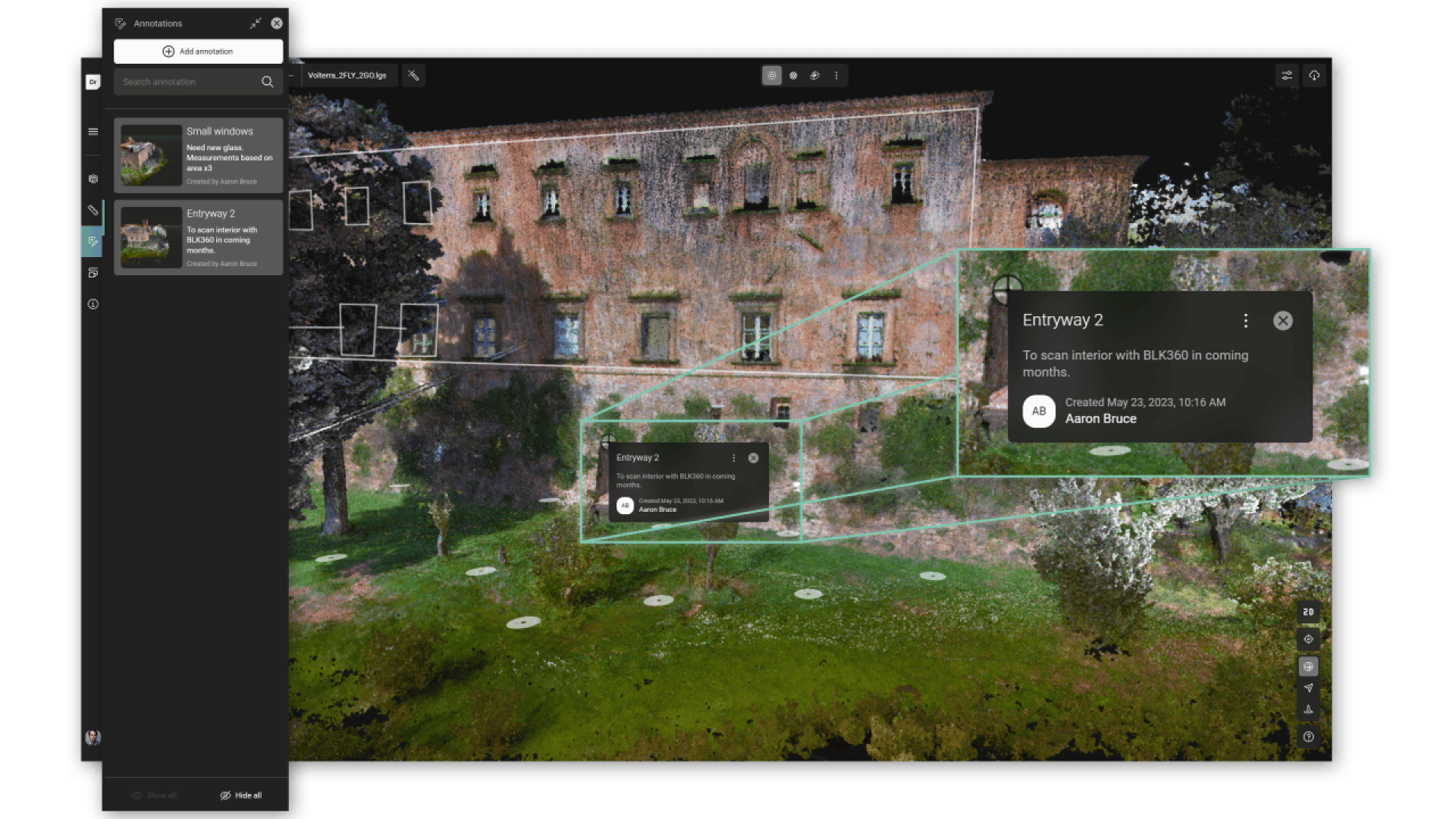Une interface numérique montre un modèle de nuage de points en 3D d'un vieux bâtiment avec des fenêtres pop-up d'annotation mettant en évidence des zones spécifiques et des commentaires, dont une étiquetée Entrée 2 avec une note sur l'installation d'un système de sécurité.