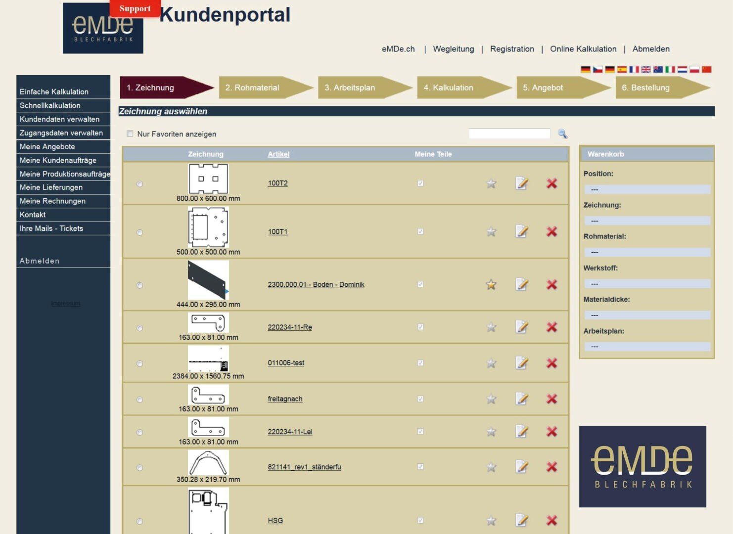 Screenshot der eMDE-Kundenportal-Oberfläche mit einer Liste technischer Zeichnungsdateien mit Details wie Dateiname, Zeichnungsnummer und Bearbeitungsoptionen. Das Navigationsmenü befindet sich links, die Übersichtsseite rechts.