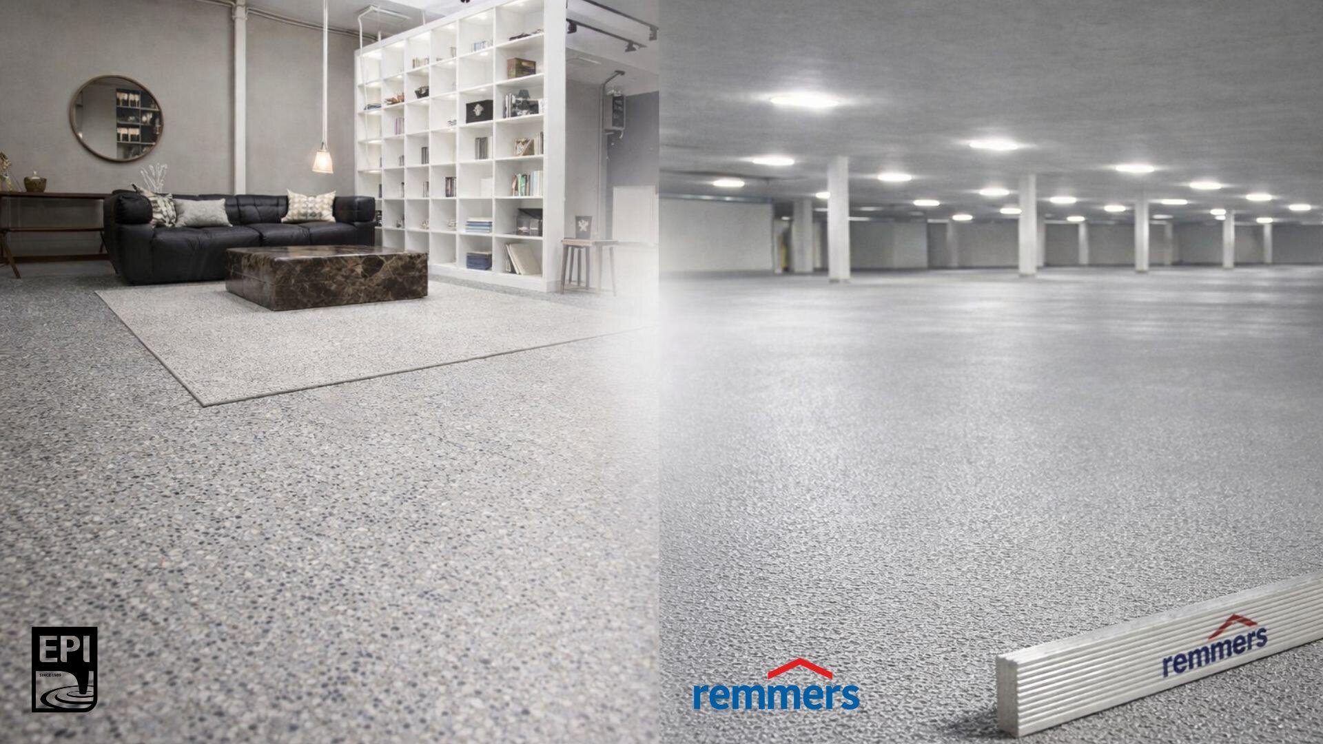 Ein geteiltes Bild zeigt ein modernes Wohnzimmer mit gesprenkeltem Bodenbelag auf der linken Seite und ein großes, leeres Parkhaus mit ähnlichem Bodenbelag auf der rechten Seite. Am unteren Rand sind die Logos von EPI und Remmers zu sehen.