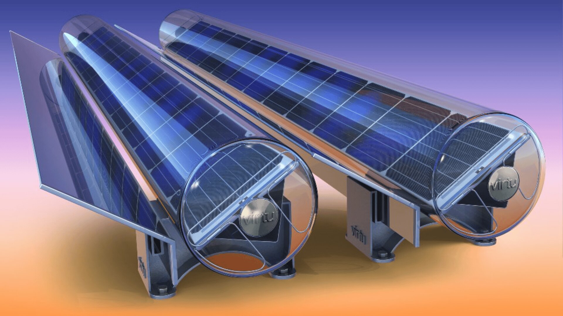 Deux panneaux solaires cylindriques avec des enveloppes extérieures transparentes et des cellules photovoltaïques bleues à l'intérieur, montés sur des supports métalliques, présentés sur un fond dégradé bleu et orange.