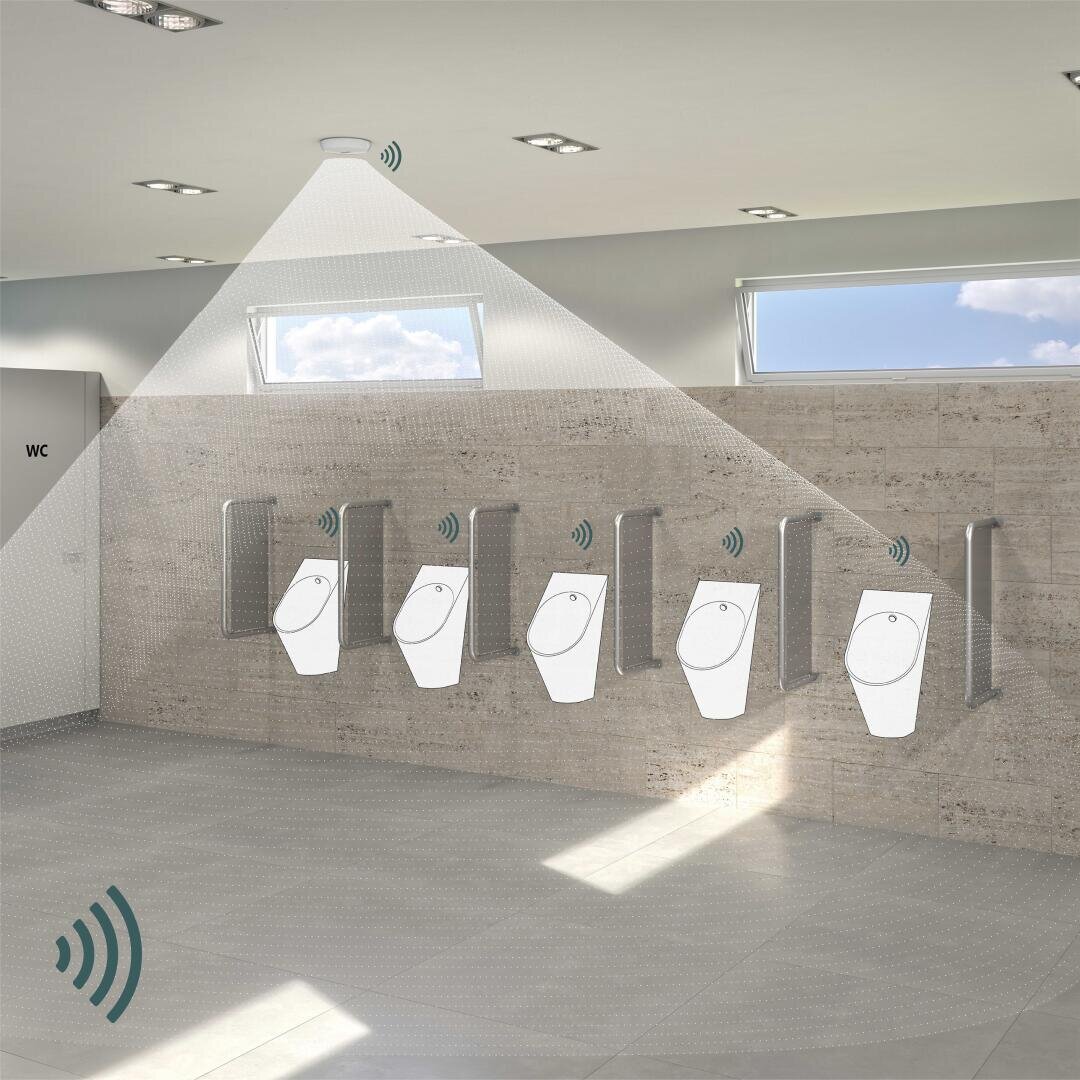 Une salle de repos avec cinq urinoirs sur un mur carrelé, chacun marqué d'une icône de signal sans fil. Un capteur placé au plafond émet un signal couvrant tous les urinoirs, indiquant un système de surveillance intelligent. La lumière du soleil pénètre par deux fenêtres hautes.