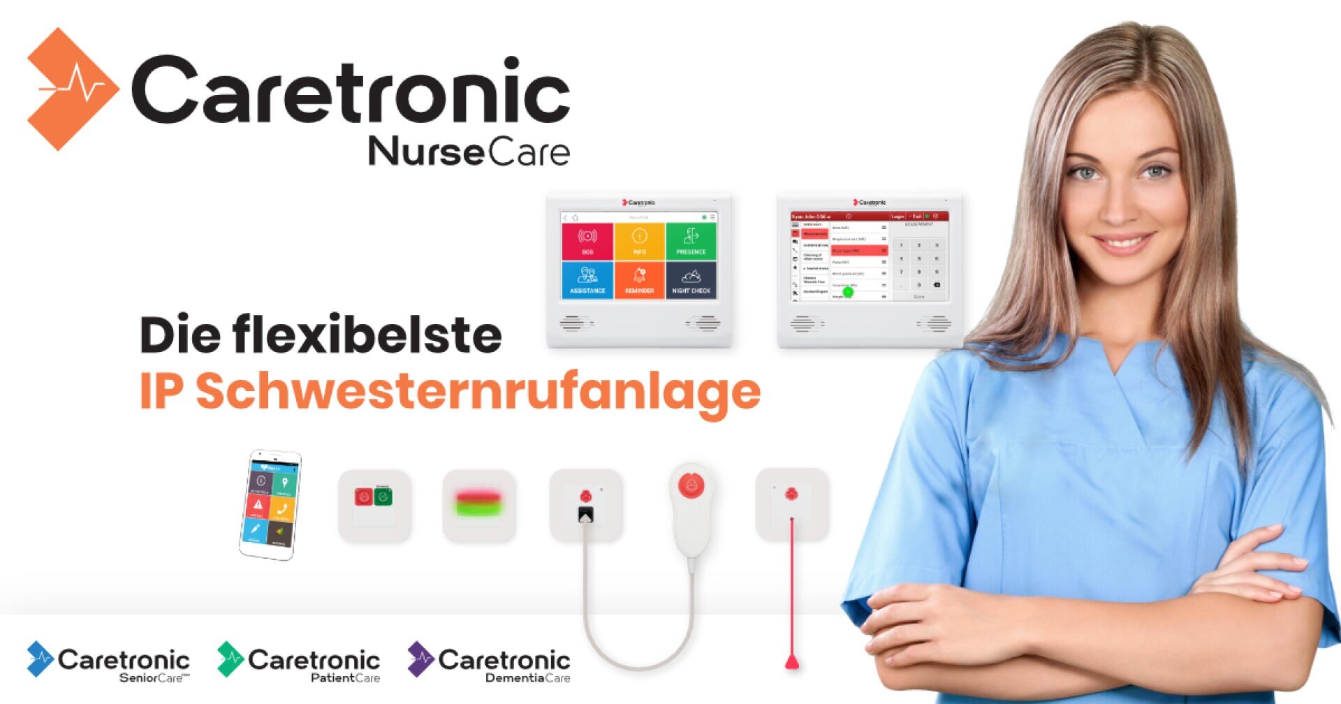 Eine lächelnde Krankenschwester steht neben Geräten und einem Smartphone, auf denen das Caretronic NurseCare-System angezeigt wird. Der deutsche Text lautet "Die flexibelste IP-Schwesternrufanlage". Am unteren Rand erscheinen Symbole für verschiedene Pflegelösungen.