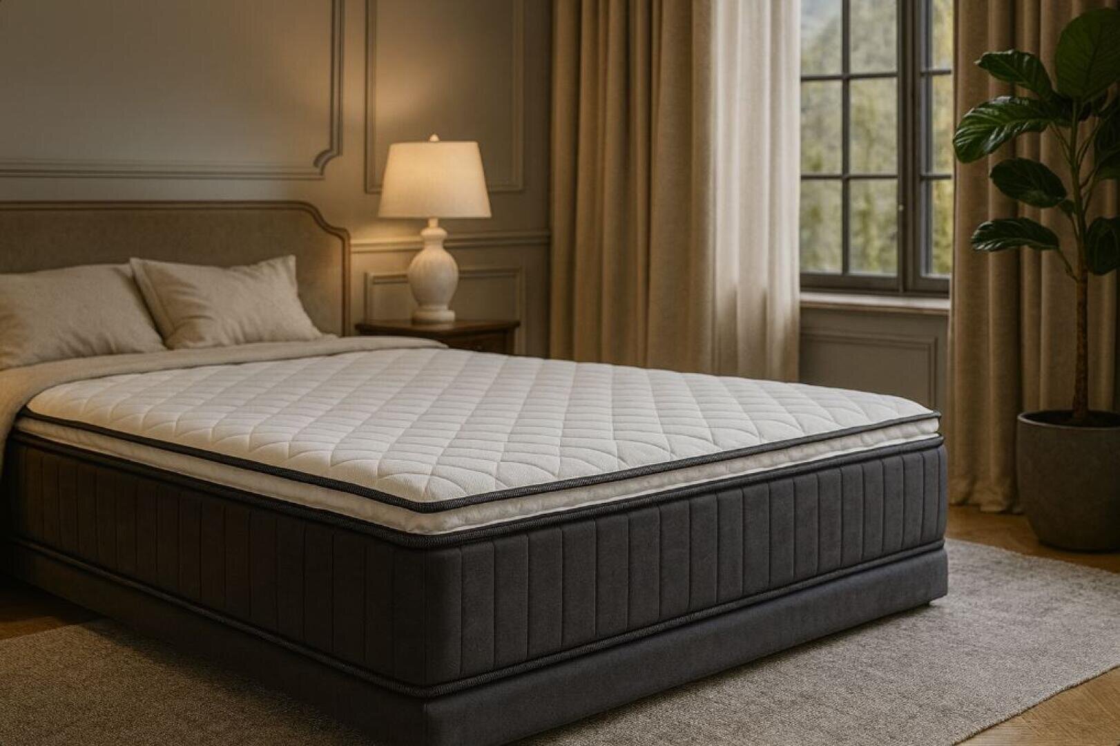 Un lit soigneusement fait avec un matelas matelassé et une literie beige se trouve dans une chambre doucement éclairée avec des panneaux muraux élégants, une lampe de chevet, une grande fenêtre, des rideaux beiges et une plante en pot sur le sol.