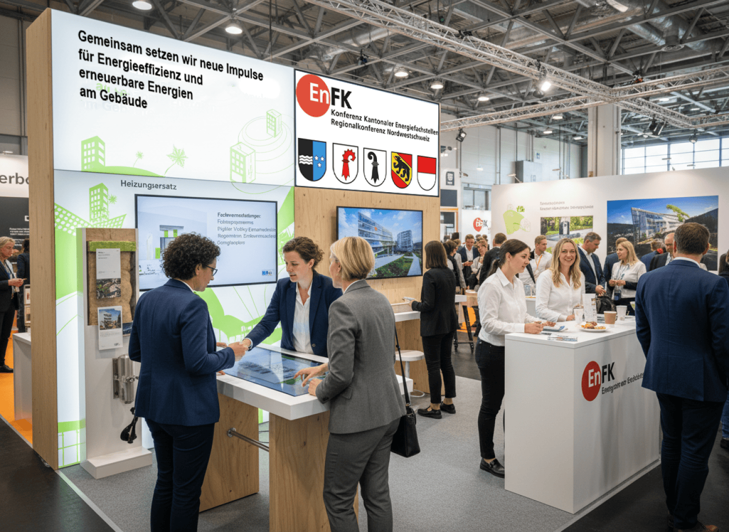 An einem Konferenzstand für Energieeffizienz und erneuerbare Energien mit Informationsdisplays, Bannern und digitalen Bildschirmen in einer modernen Messehalle interagieren die Menschen und knüpfen Kontakte.