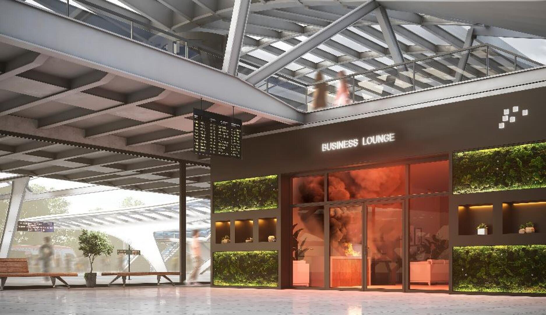 Eine moderne Business-Lounge in einem Flughafen mit grünen Wandpaneelen und Glastüren, die Rauch und Feuer im Inneren zeigen, während die Menschen auf einem Laufsteg auf der oberen Ebene laufen.