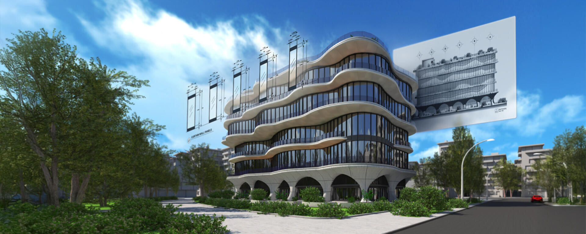 Ein modernes, mehrstöckiges Gebäude mit geschwungener, geschichteter Architektur steht inmitten von Bäumen, wobei eine große Architekturskizze desselben Gebäudes digital in den Himmel auf der rechten Seite eingeblendet wird.
