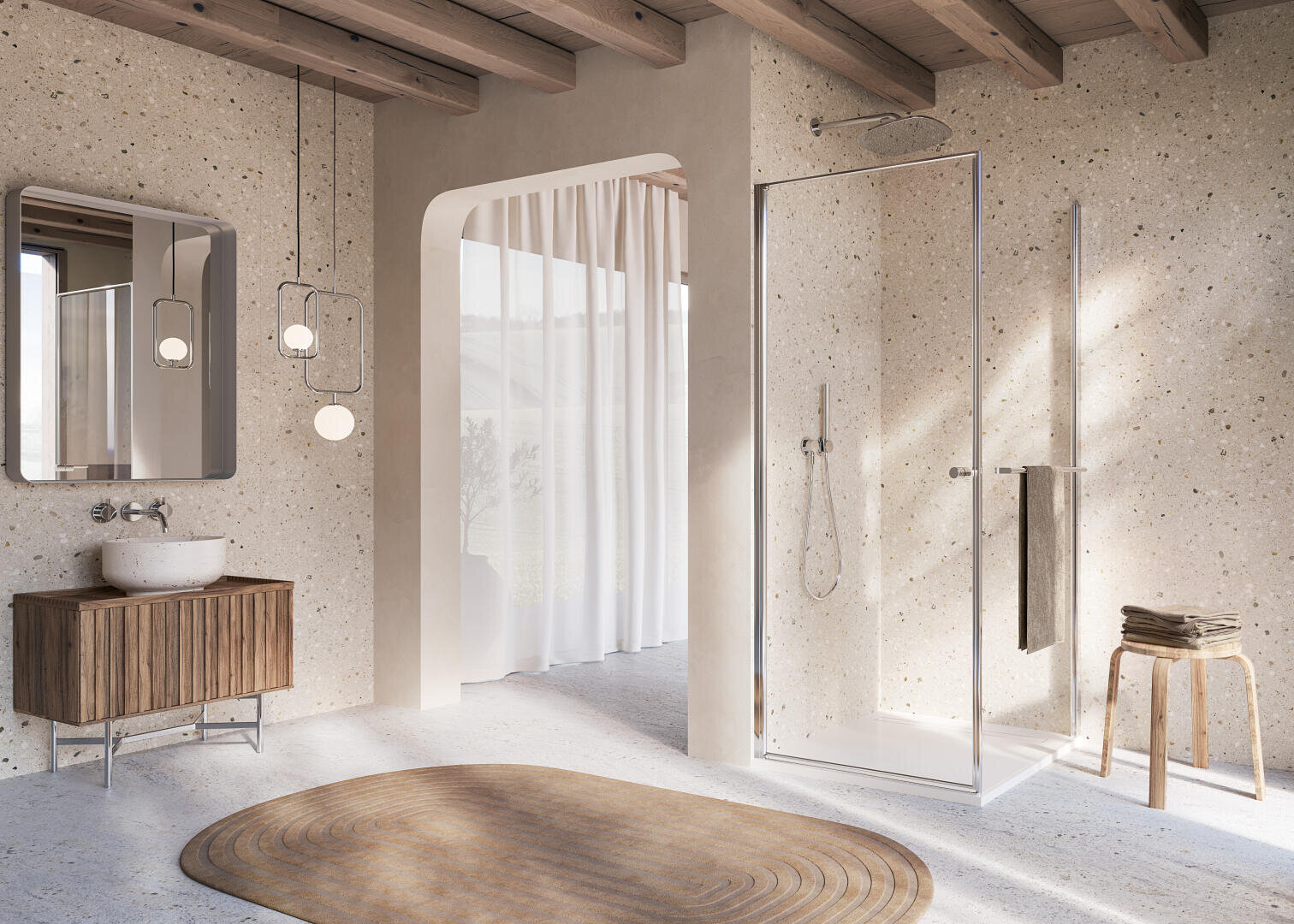 Ein Badezimmer mit Dusche und Teppichboden.
