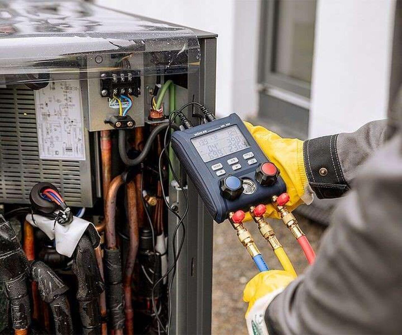 Eine Person mit gelben Handschuhen benutzt ein digitales Verteilermessgerät, um eine HLK-Anlage zu überprüfen oder zu warten. Im Inneren der offenen Einheit sind verschiedene Drähte und Kupferrohre zu sehen.