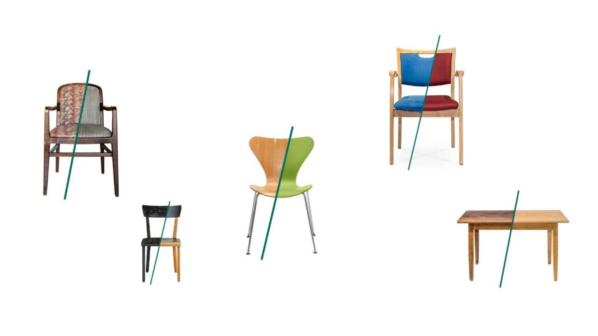 Cinq meubles dépareillés (quatre chaises et une table) sont disposés sur un fond blanc, chacun étant divisé en son milieu par une ligne sarcelle diagonale. Les chaises et la table sont de styles et de couleurs différents.