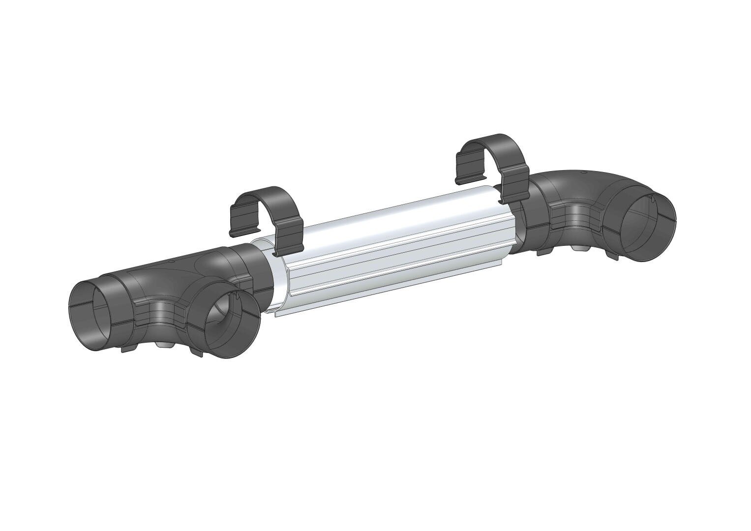 Rendu 3D d'un dispositif tubulaire avec deux grandes extrémités noires en forme de coude et une section centrale cylindrique transparente maintenue par deux pinces noires incurvées sur le dessus.