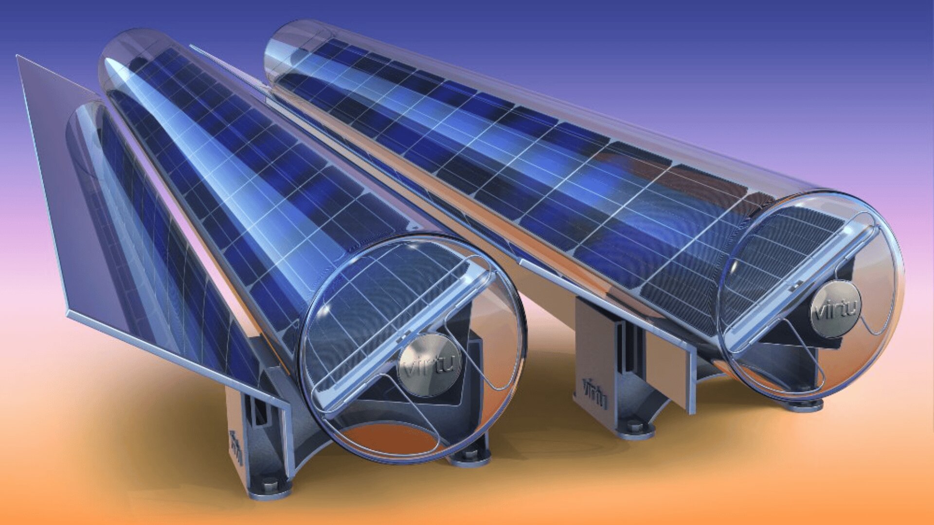 Zwei zylindrische Solarmodule mit verspiegelten Reflektoren sind nebeneinander auf Metallständern vor einem blau-orangefarbenen Hintergrund angebracht. Die Paneele haben transparente Gehäuse und sichtbare innere Strukturen.