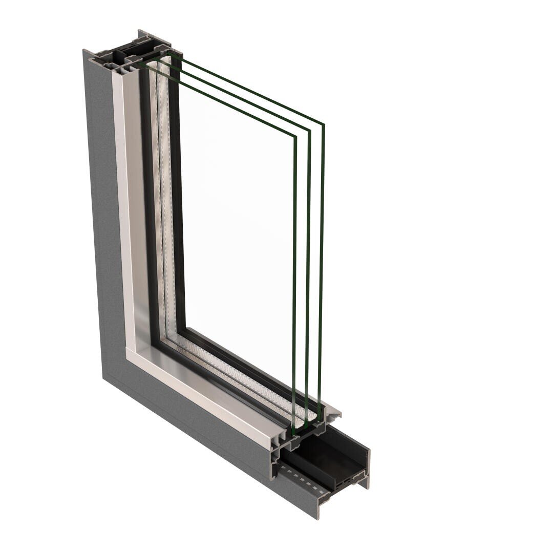 3D-Darstellung eines Querschnitts eines Fensterrahmens, der eine Dreifachverglasung mit drei Glasschichten in einem modernen, isolierten Rahmen zeigt.